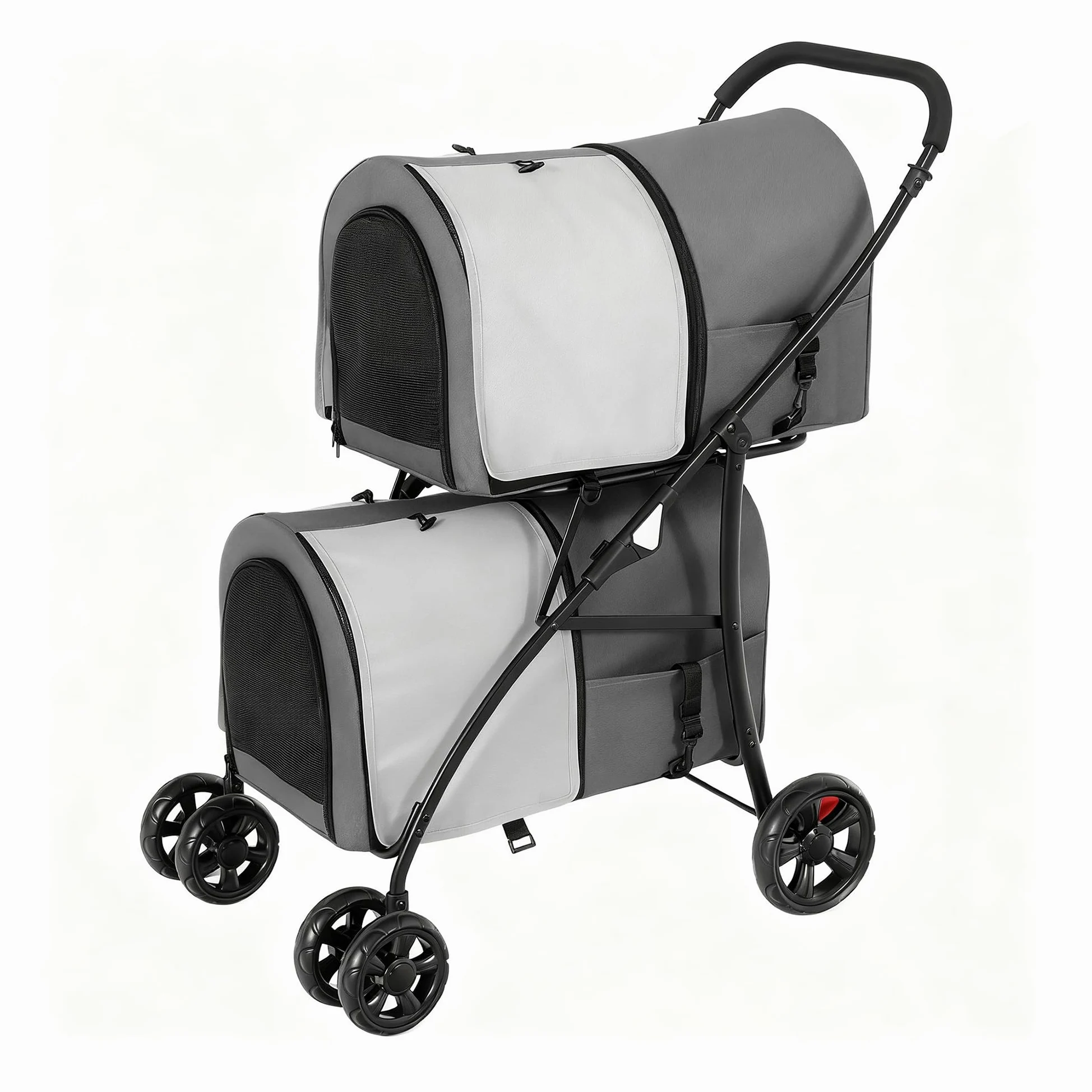 YITAHOME Passeggino per cani a doppio piano per animali domestici, portata fino a 30 kg, pieghevole, con finestra a rete, per due cani e gatti, grigio