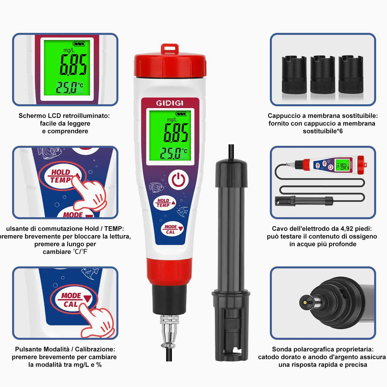 Misuratore digitale di ossigeno disciolto con cavo sonda da 4,92 piedi, analizzatore di ossigeno misuratore DO con accessori, kit di test per acquari e laghetti 0,0-40,0 mg/L per acquario, vino