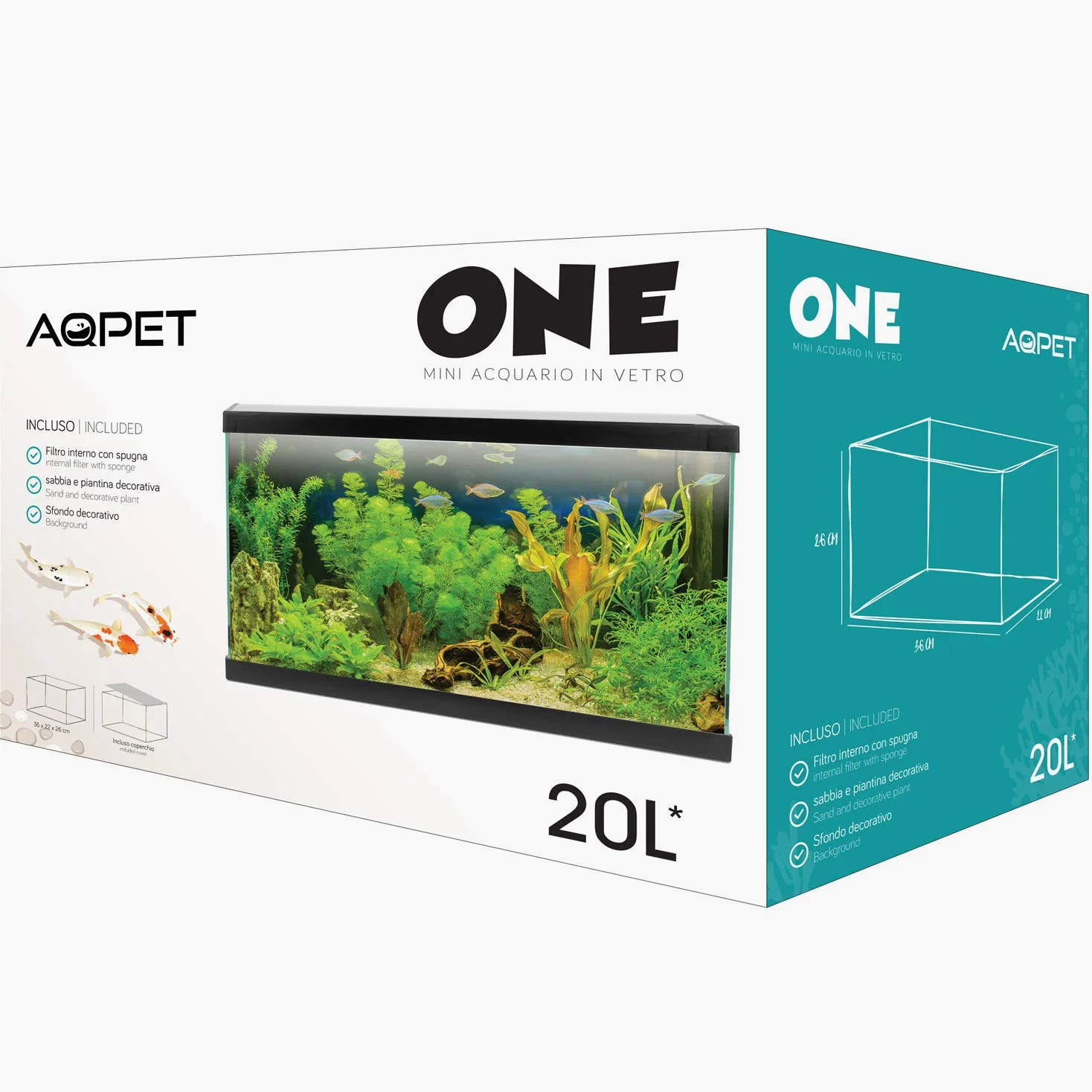 AQPET One Mini Acquario in Vetro Colore Nero 20 Litri Completo di Accessori 36x22x26h