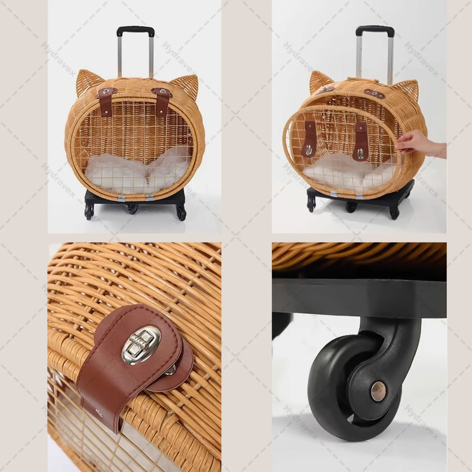 Passeggino per gatti in stile retrò, in rattan, con ruote e manico telescopico, ideale per viaggi, passeggiate e visite veterinarie