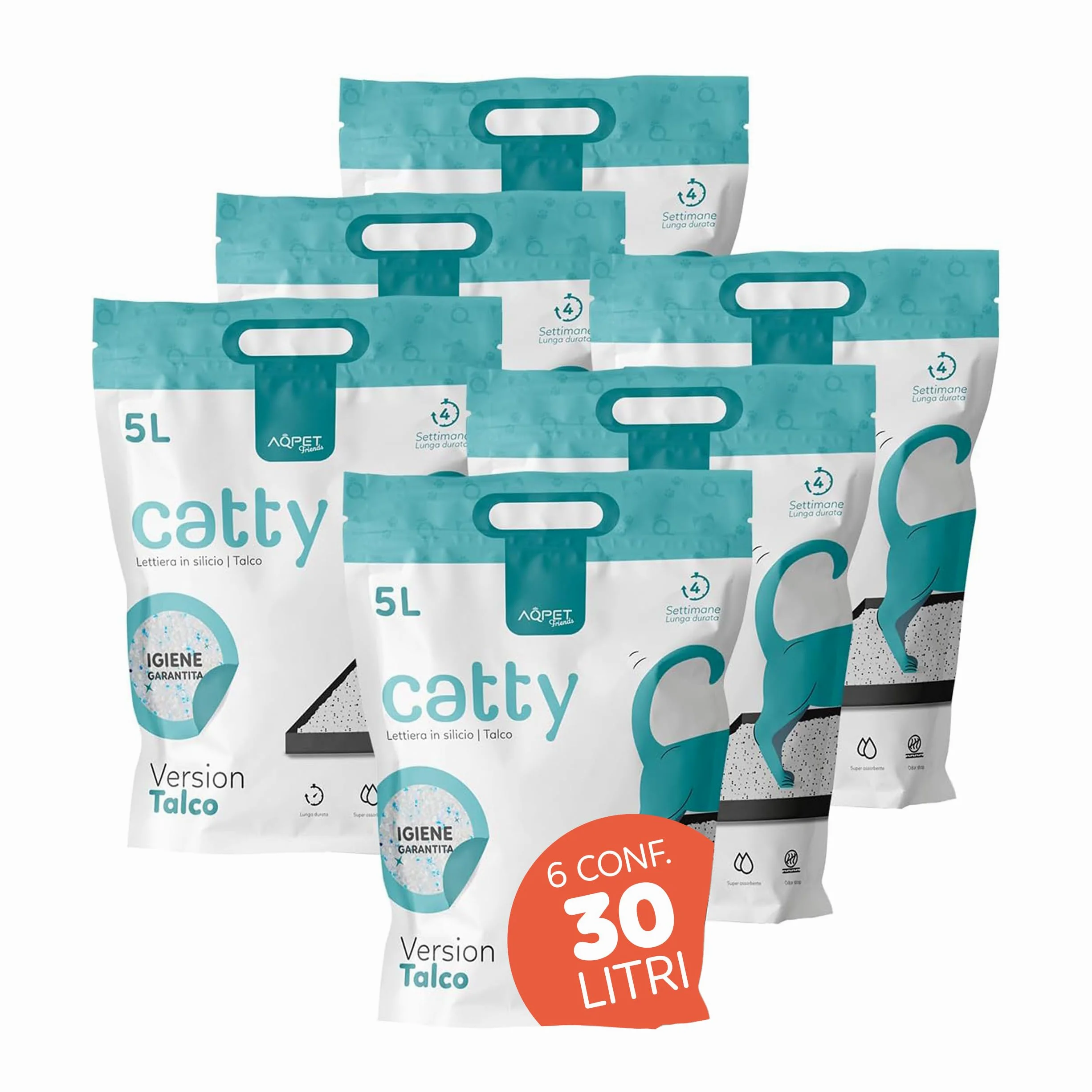 Lettiera per gatti al silicio Aqpet Friends Catty 6x5L (30L) – cristalli di gel di silice profumo talco – ultra assorbente, antibatterica, anti odore e senza polvere