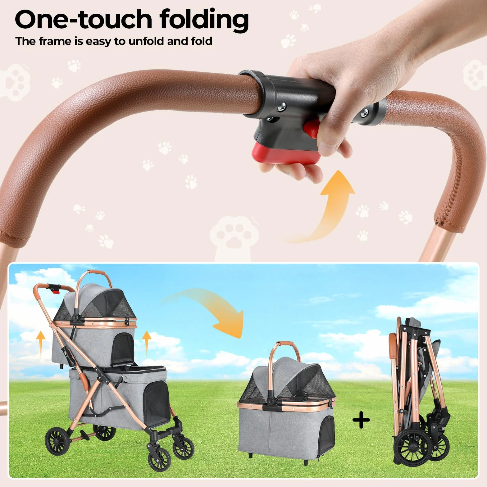 MAMIZO Passeggino Doppio Strato per Cani, Pieghevole Passeggino per Animali Domestici fino a 15 kg, Carrello per Cani con 4 PCS ruote, Passeggino Cane con Finestre a Rete e Portabevande, Grigio