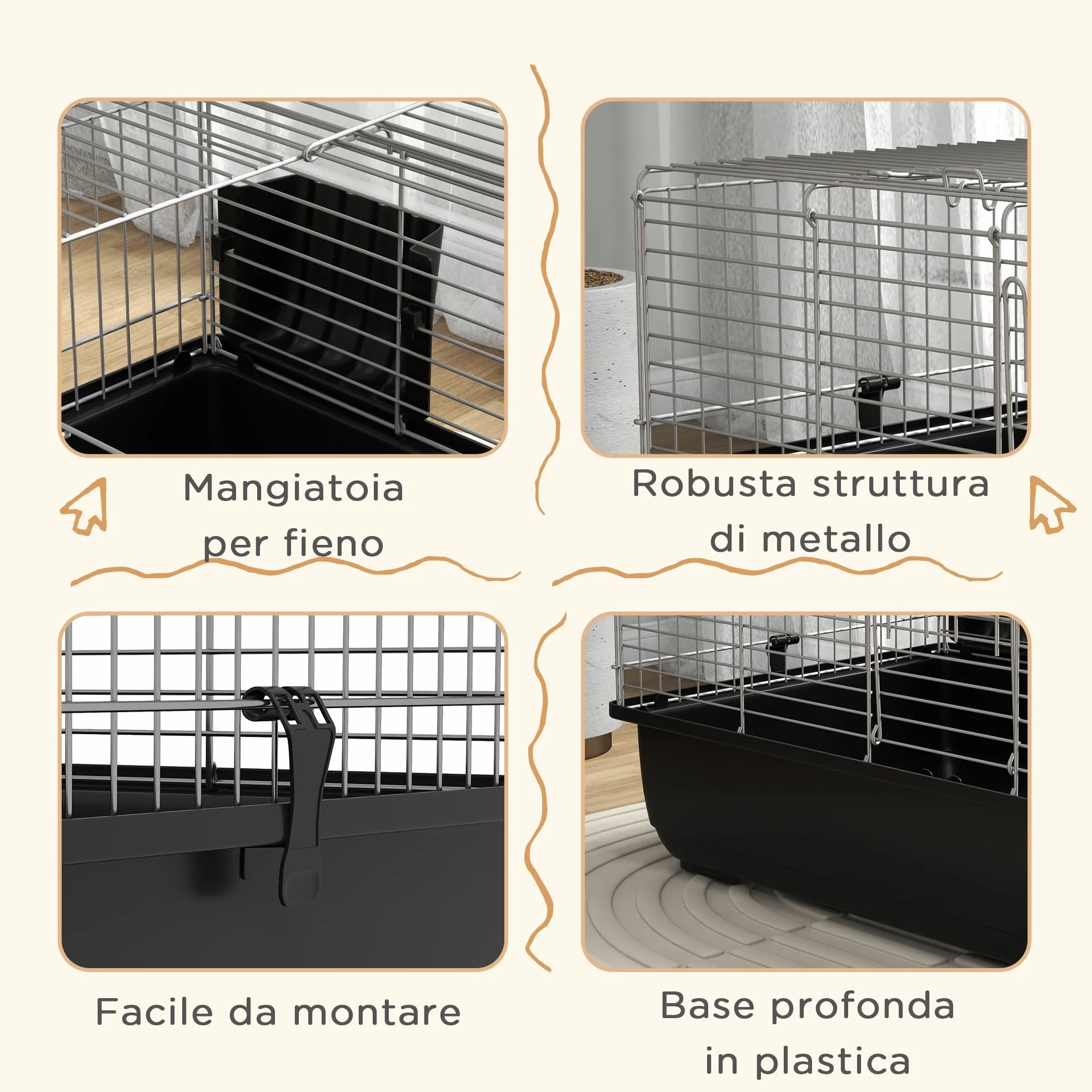 PawHut Gabbia per Conigli a 2 Aperture con Vassoio Rimovibile, Conigliera Gabbia per Roditori in Metallo e Plastica PP, 100x55x41 cm, Nero e Argento