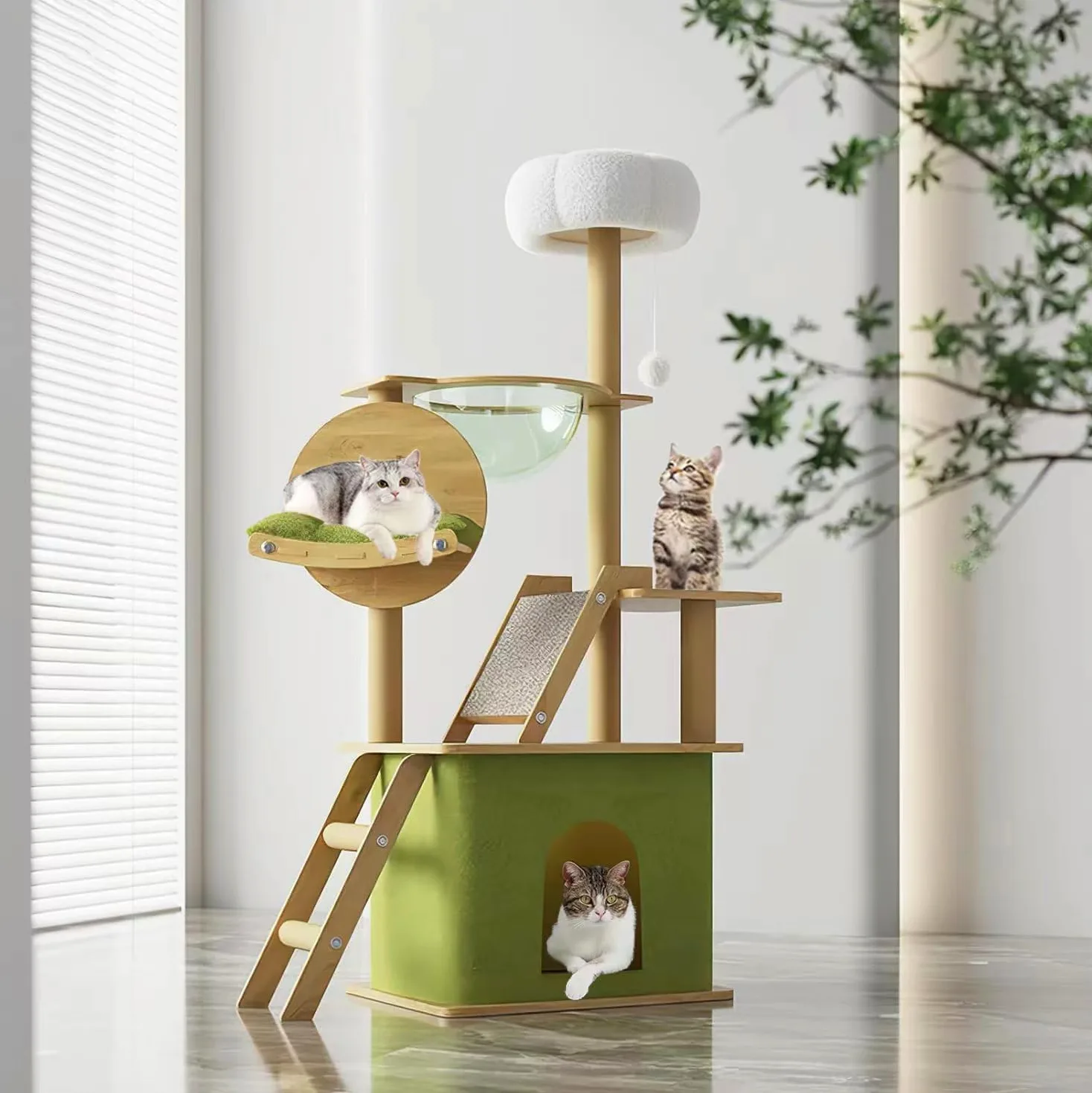 Albero per gatti - 150 cm Torre per gatti - Albero per gatti per interni - Con casa per gatti, capsula spaziale trasparente, piattaforma di salto in peluche, pallina giocattolo, cuscinetto in