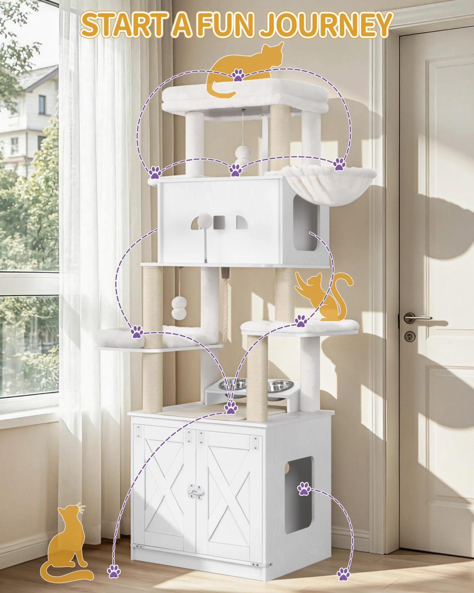 Hzuaneri Mobile Lettiera per Gatti, Albero Tiragraffi per con Ciotole, Condominio per Gatti Multilivello 173 cm, Amaca, Cuscino in Peluche Removibile e Lavabile, Bianco CB89013WT