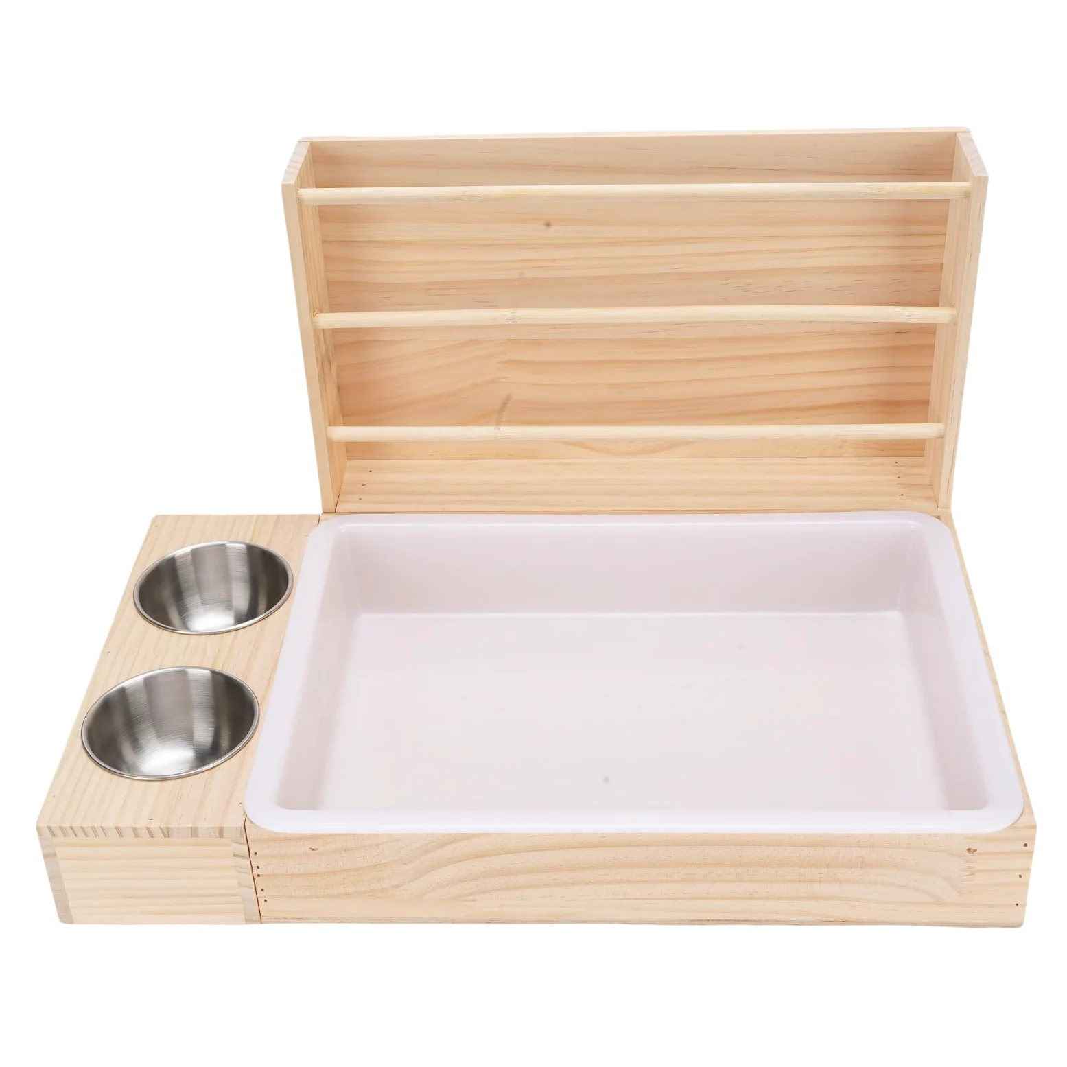 Luqeeg Mangiatoia per Fieno in Legno per Conigli, 3 in 1 Mangiatoia per Fieno per Animali Porta Cibo per Erba con Lettiera e 2 Ciotole per Porcellini D'india, Cincillà