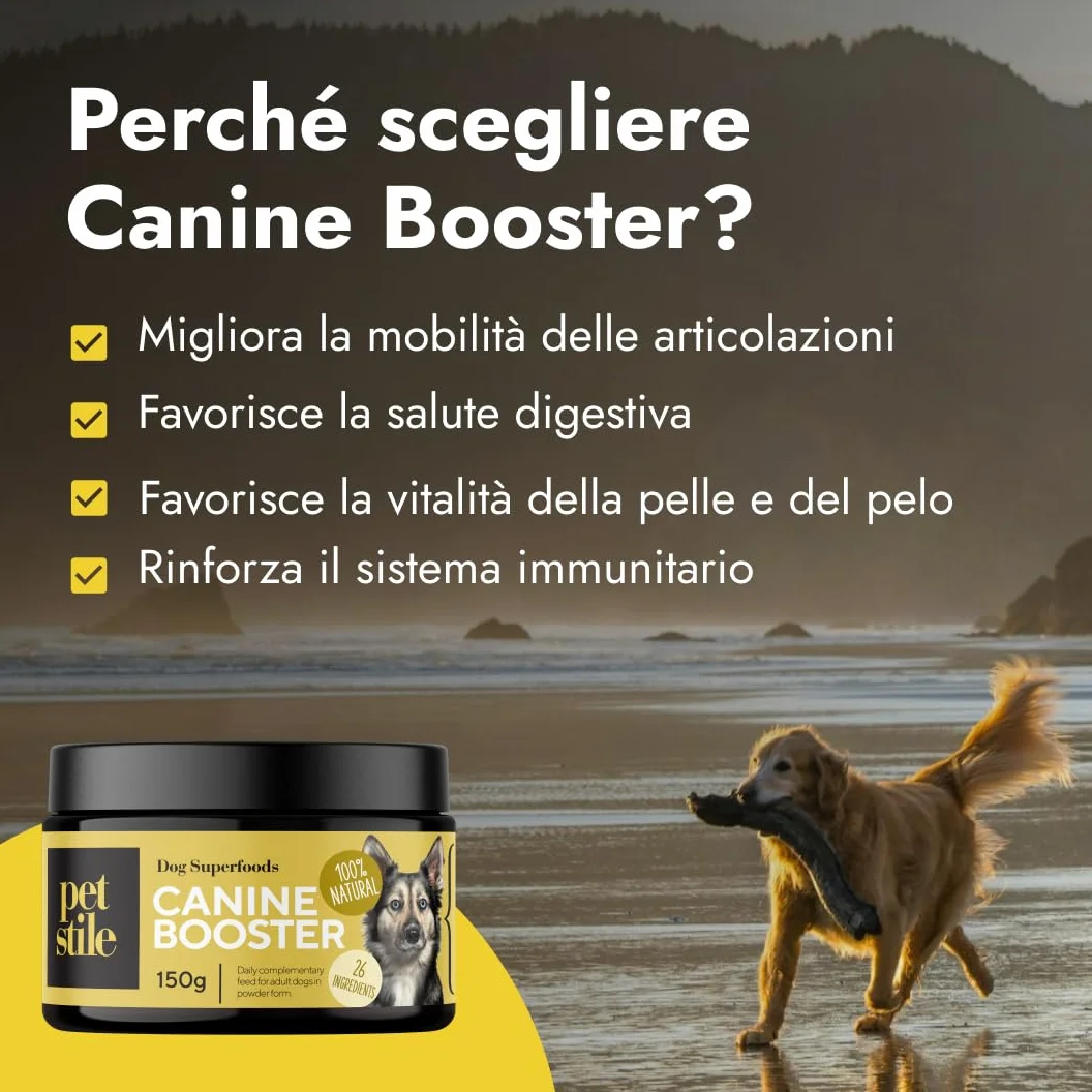Canine Booster – Integratore per Cani Adulti con Cozza Verde, Curcuma e Probiotici per Articolazioni, Digestione, Pelle, Pelo e Sistema Immunitario (1x 150 g)