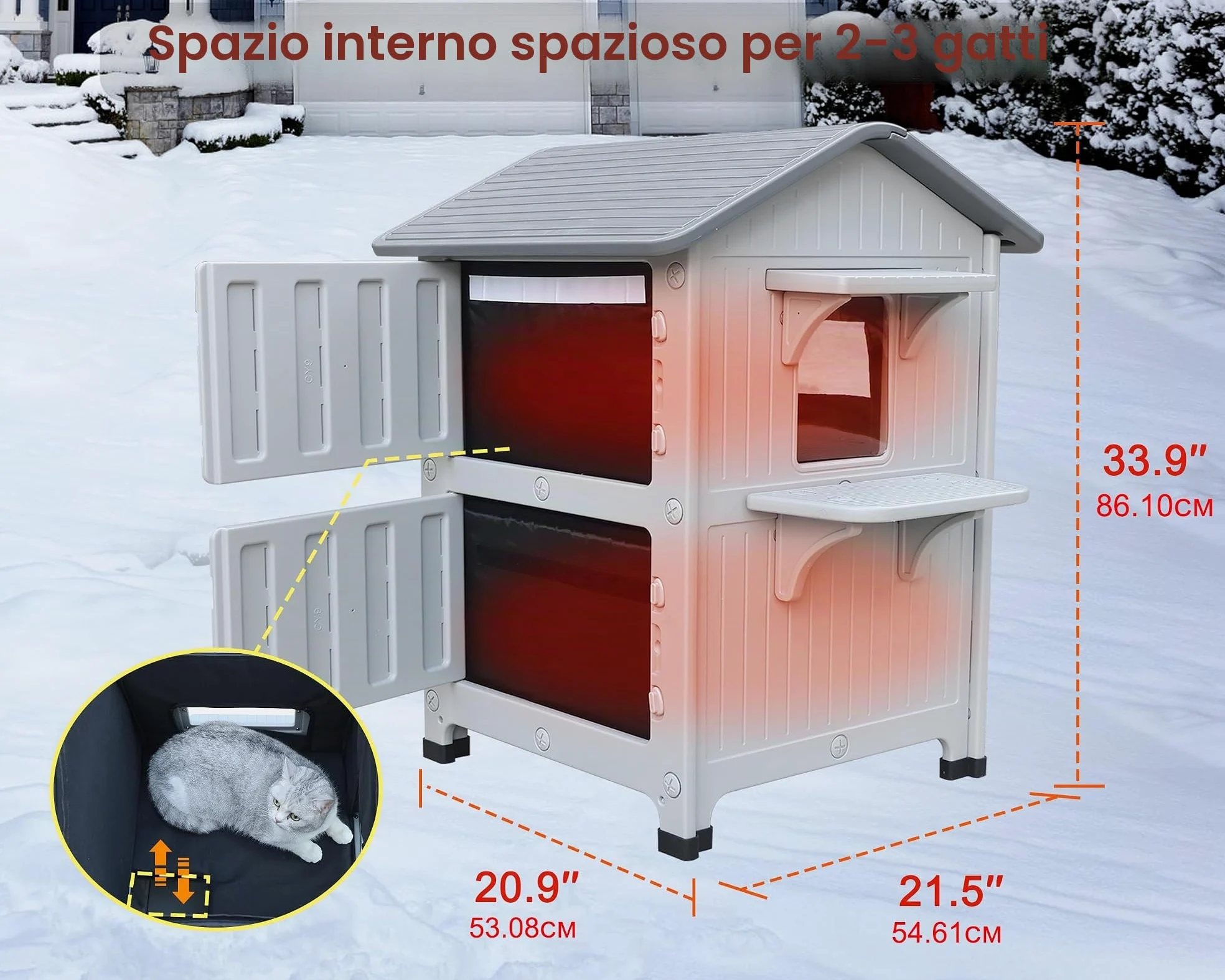 2 pezzi Casetta per gatti all'aperto con rivestimento isolato, case per gatti all'aperto in plastica rifugio per gatti all'aperto resistente alle intemperie con porta di fuga
