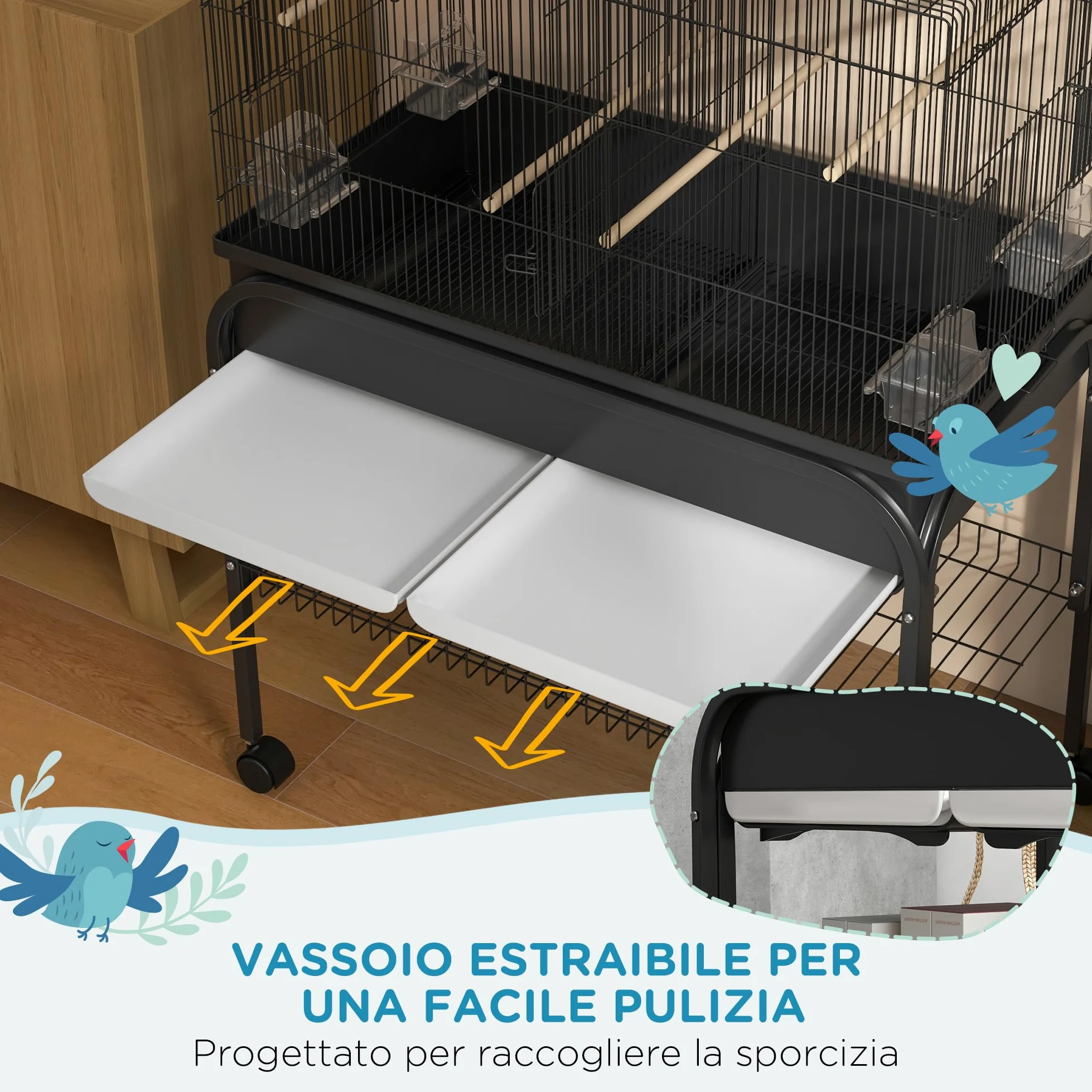 PawHut Gabbia per Uccelli da Interno con Vassoio, Ripiano e Ruote, Voliera in Acciaio per Cocorite, Canarini, Calopsitte e Pappagalli, 85x49x119 cm, Nero