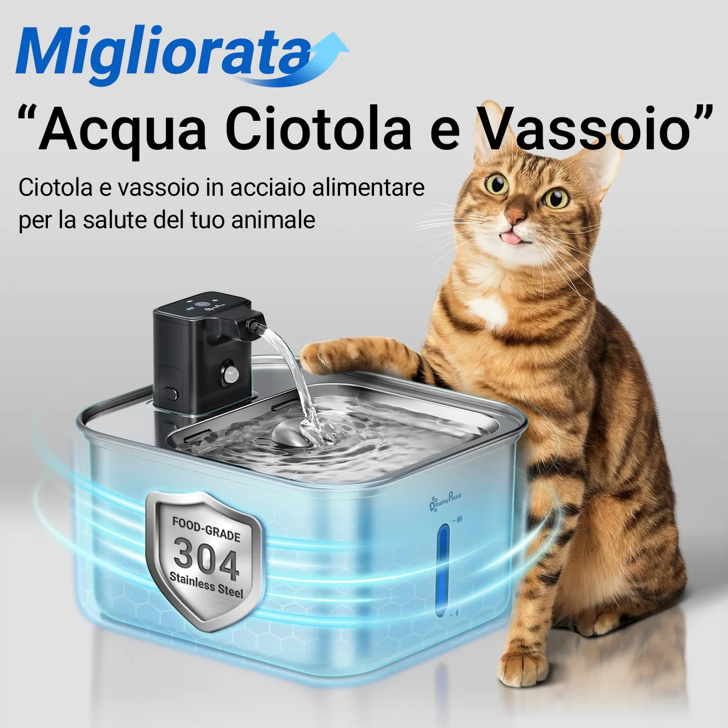DownyPaws Fontanella per Gatti in Acciaio Senza Fili a Batteria, Fontana Gatto con Sensore di Movimento, 3L Fontanella Acqua Gatto e Lavabile in Lavastoviglie, Nero