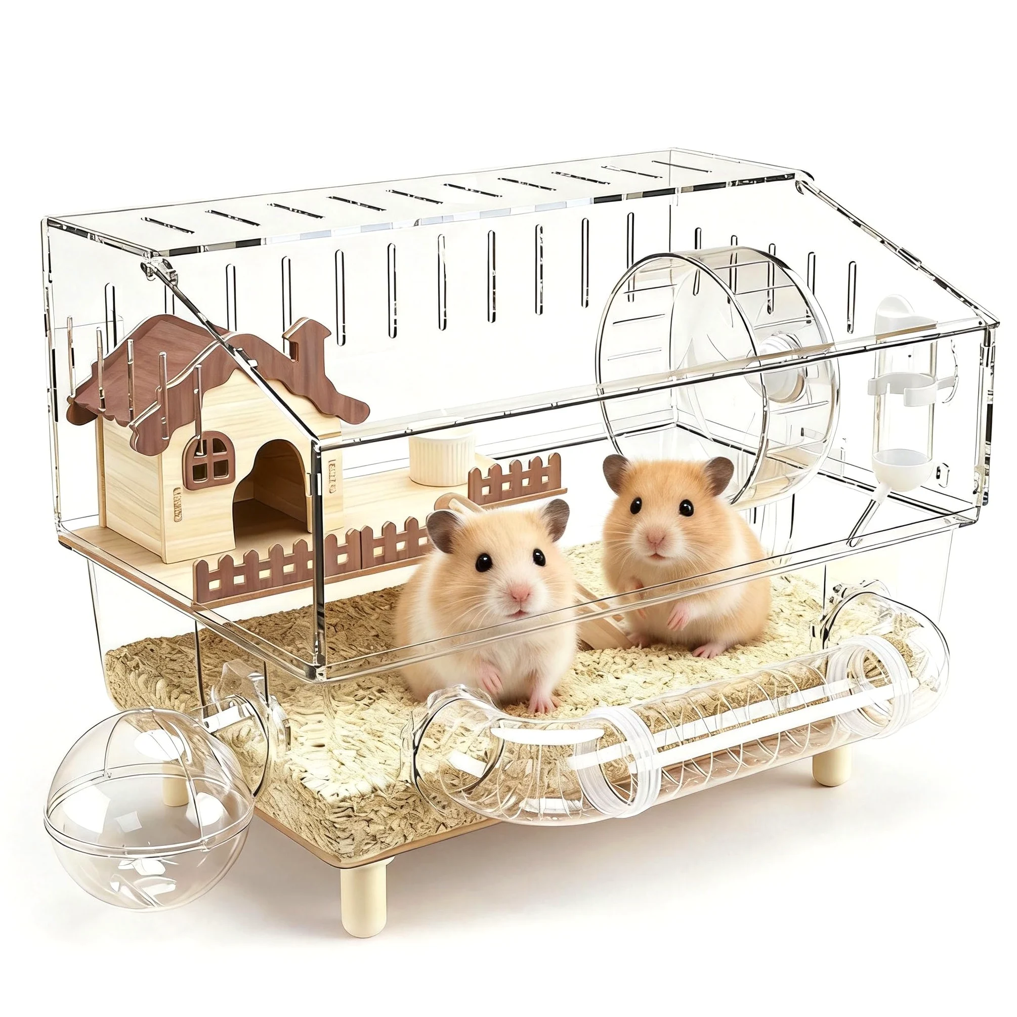Gabbia per Criceti, 43 x 30 x 34 cm Villa in Acrilico per Criceti a Due Piani con Area di Riposo Ruota per Esercizi Tunnel Bagno Esterno Bollitore e Ciotola per il Cibo per Piccoli Animali