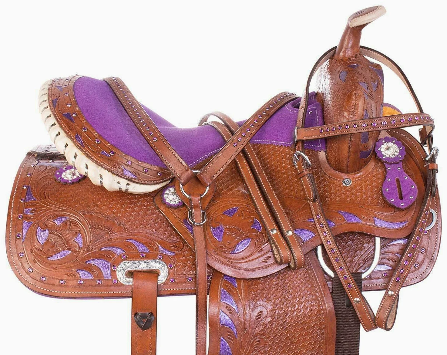 Sella per cavalli Western da corsa viola in pelle bovina di alta qualità per corse Western Show Set