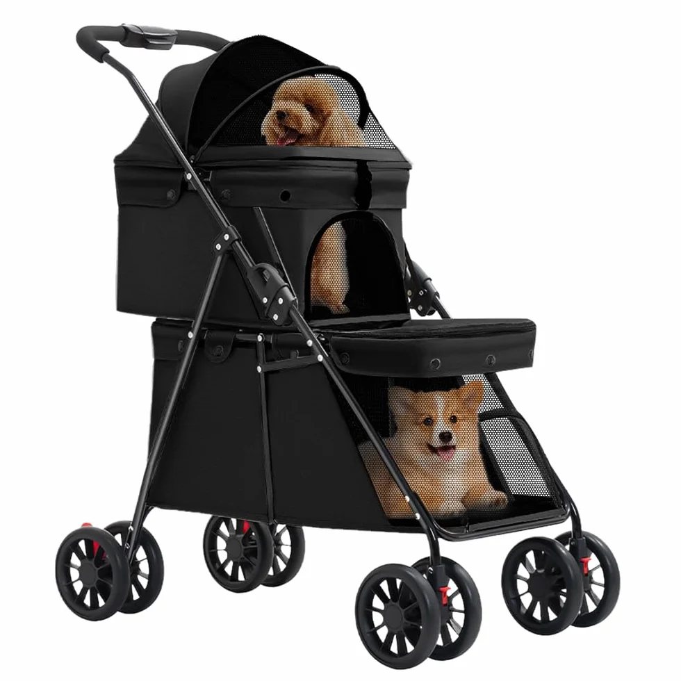 Passeggino a doppio strato, per cani, gatti, animali, viaggi, passeggino, pieghevole, cane, gatto, a quattro ruote, carrello, carrozzina, passeggino, passeggino, Buggy-67 x 50 x 95 cm, nero