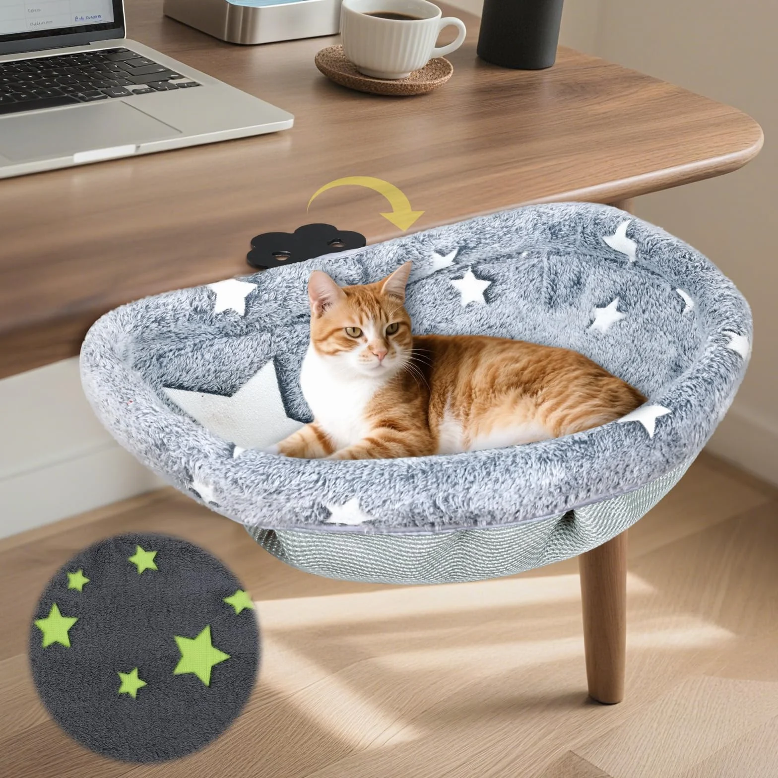 Amaca da scrivania per gatti con morsetto, design pieghevole che si illumina al buio, struttura in metallo robusta, copertura rimovibile e lavabile, supporta fino a 22,7 kg