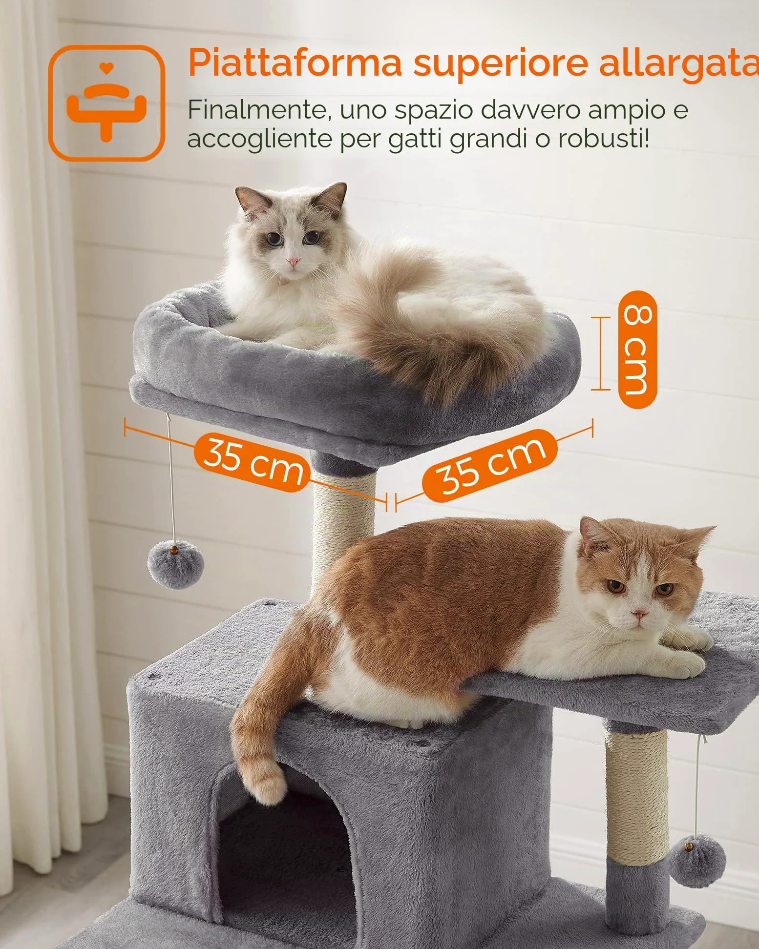 Feandrea Albero per Gatti Alto 191 cm, Tiragraffi per Gatti con 5 Pali Graffiatoi, 2 Posatoi, 2 Grotte, Amaca, 2 Pompon, in Peluche a Più Livelli, Grigio Chiaro PCT191W01