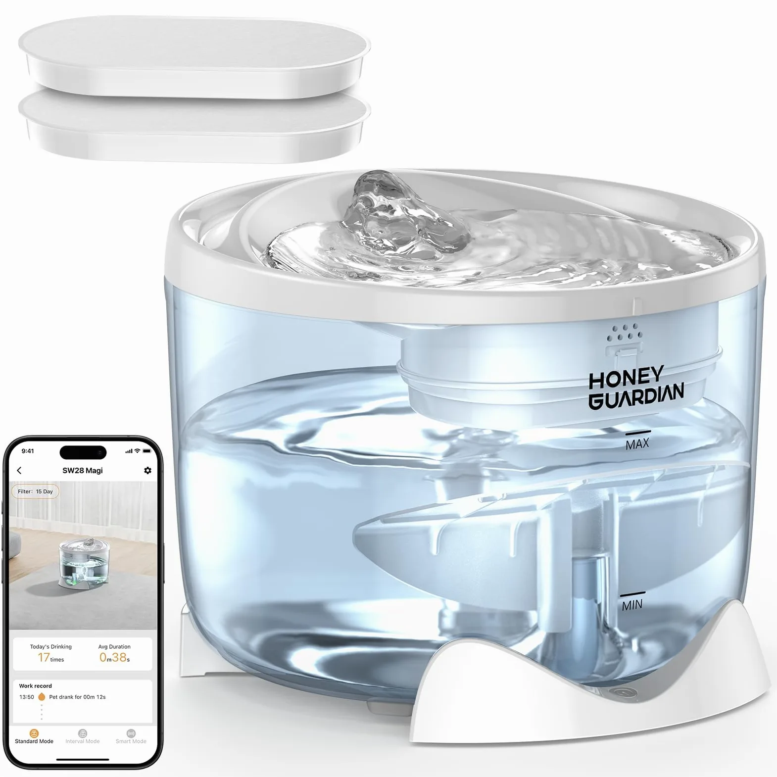 HoneyGuardian Fontanella per Gatti con WiFi 5G/2.4G, 2.5L Ultra Silenziosa Fontanella per Gatti Senza Fili, 3 Modalità/Indicatore Luminoso Intelligente/Livello Acqua Visibile — Include 2 filtri