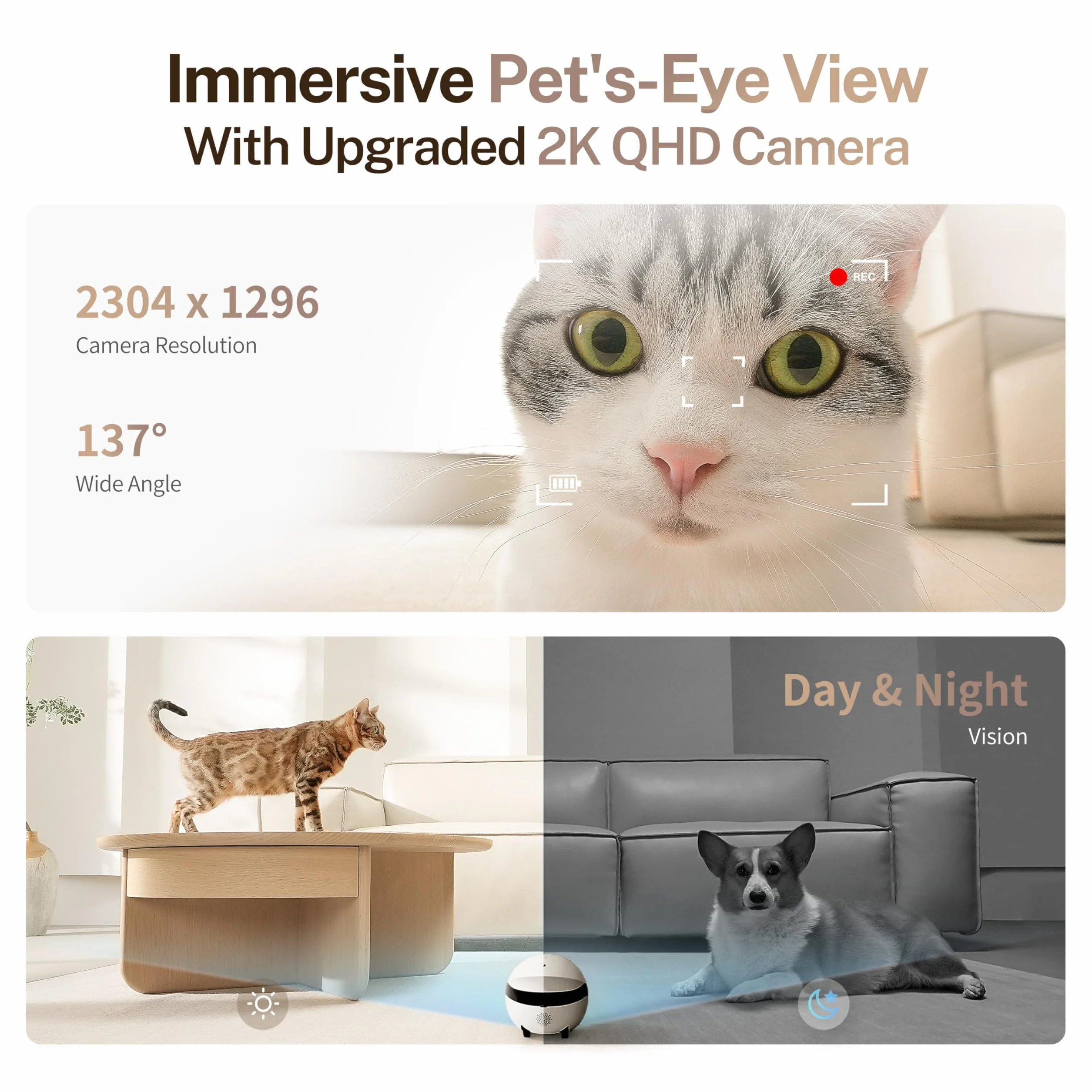 Enabot ROLA Mini FamilyBot – Robot Telecamera Animali 2K, 25 Giorni Batteria, Senza Stazione Ricarica, Visione Notturna, Rilevamento Movimento – Gatti e Cani