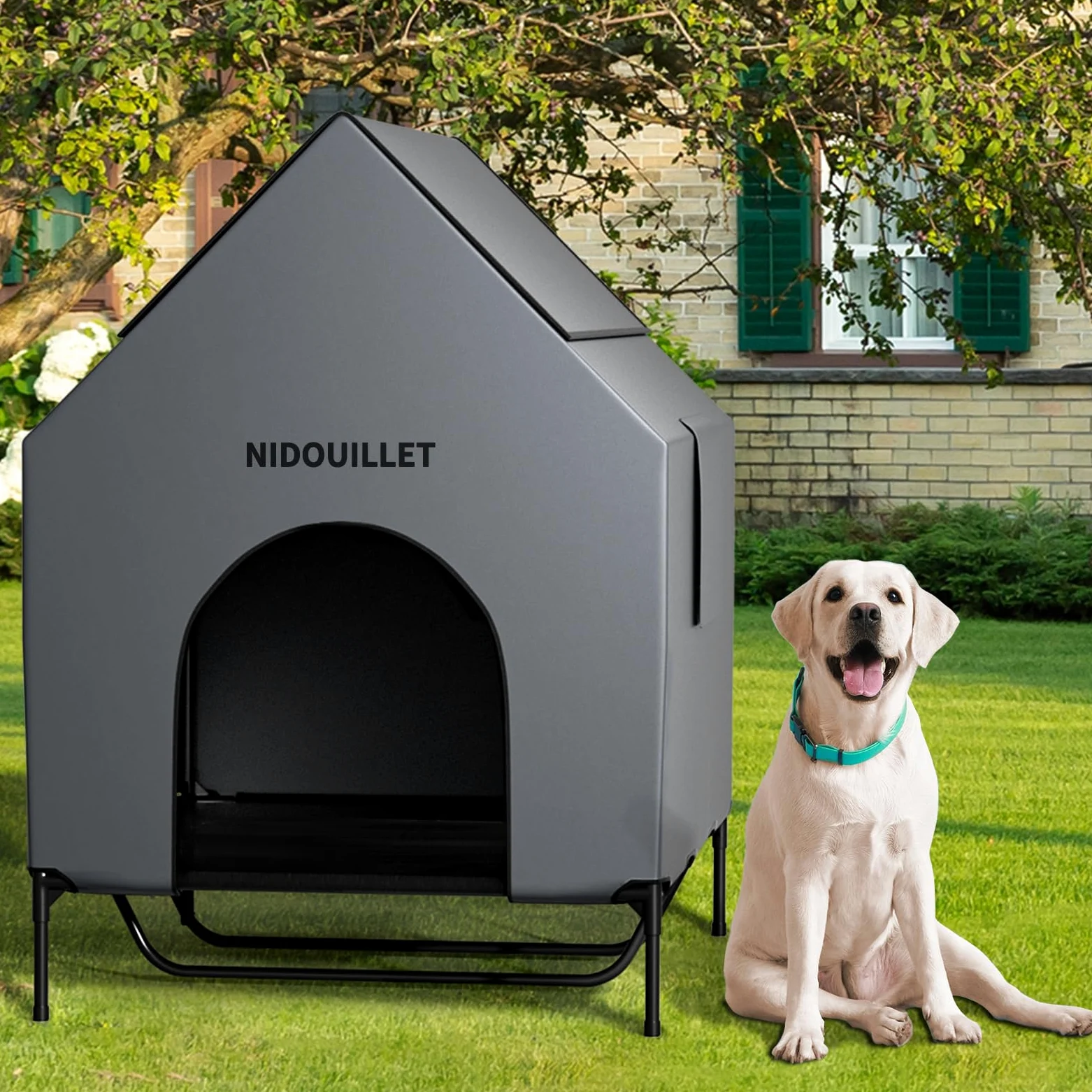 casa per cani di razza grande 122CM all'aperto o al chiuso, resistente alle intemperie 600D PVC grande casa per cuccioli, traspirante 2x1 Textilene tessuto letto per cani rialzato