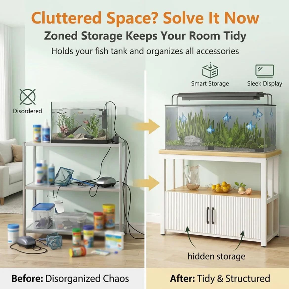 Mobile Acquario In Metallo Robusto Con Vano Contenitore Per Casa | Supporto Per Acquario Con Contenitore Tavolo In Metallo Robusto Con Mobile Per Casa(E,60*30cm/23.6*11.8in)