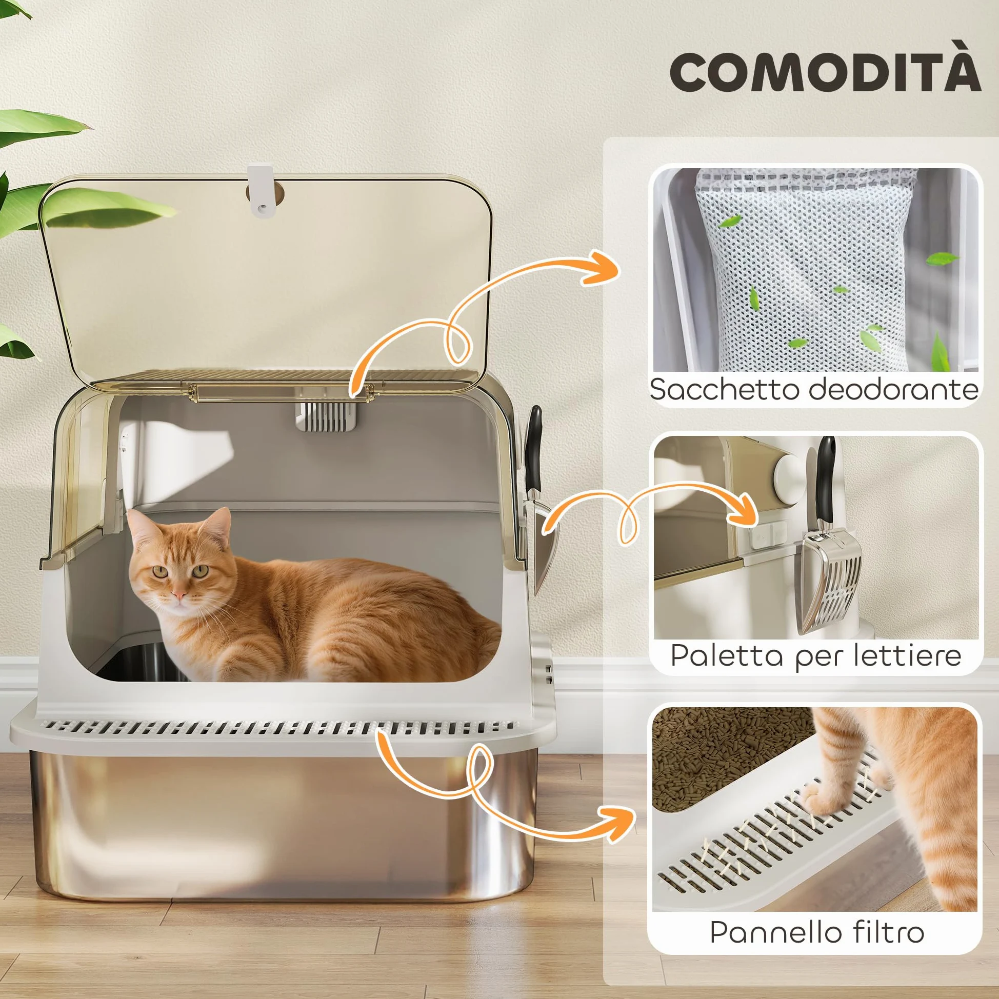 PawHut Lettiera per Gatti XXL con Coperchio in Acciaio Inox, Lettiera Chiusa con Coperchio Apribile a 90°, Doppie Porte, Paletta e Deodorante, Capacità 20 kg, 70x50x46.5 cm, Grigio