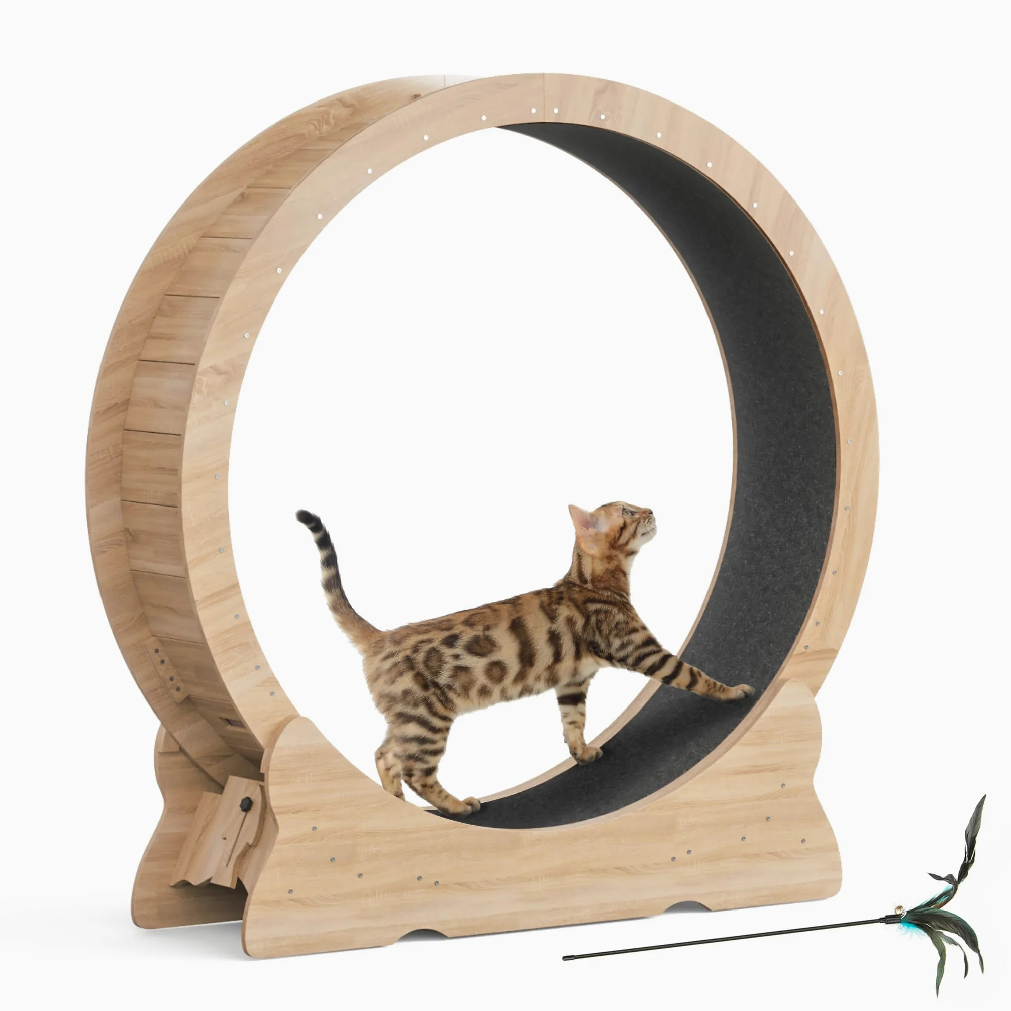 Mondeer Ruota per gatti, 110 cm, XL, tapis roulant con tappeto rimovibile e teaser per gatti, per corsa, camminata e allenamento (legno naturale)