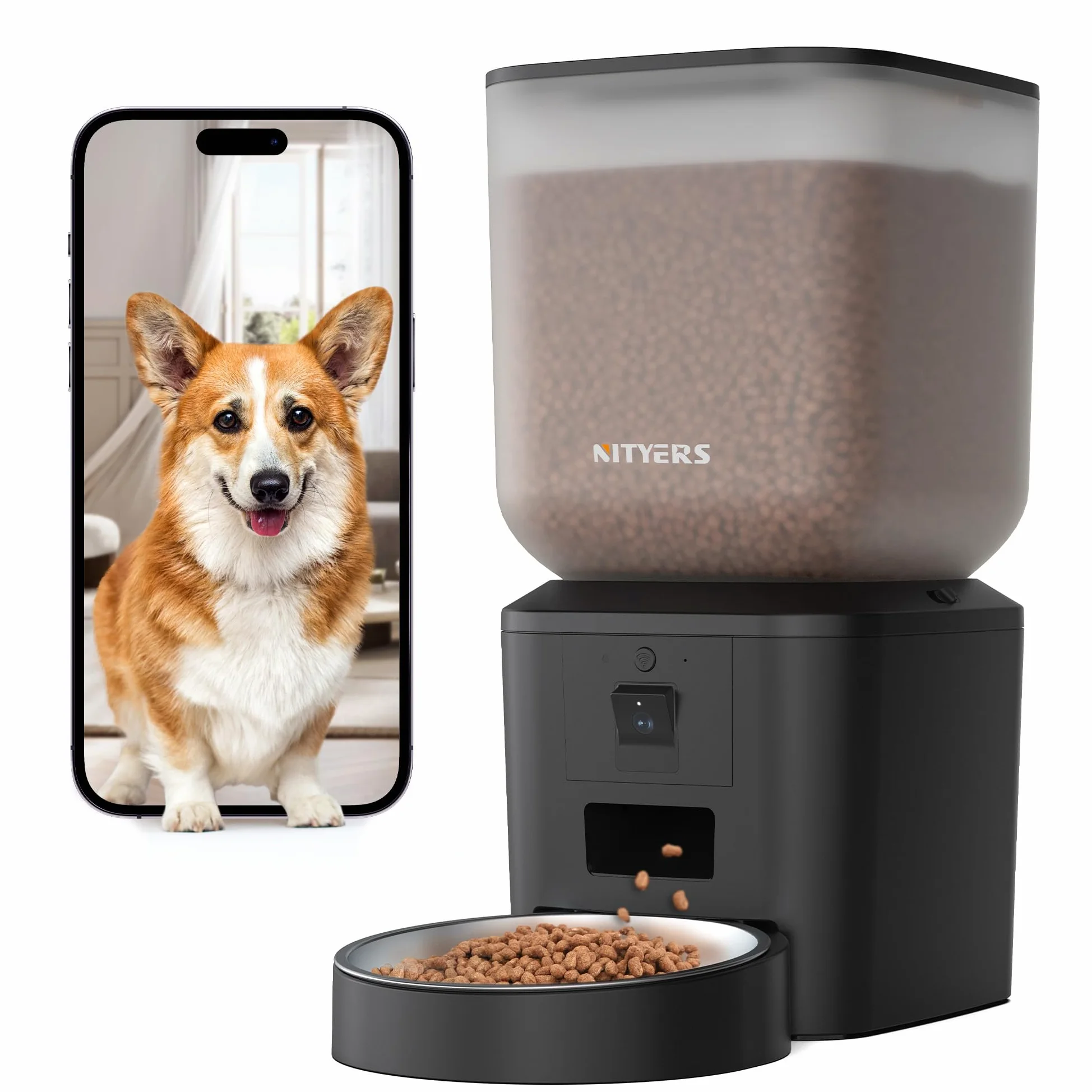 Nityers Distributore Automatico Cibo per Gatti e Cani con Telecamera 1080P e Visione Notturna, Audio Bidirezionale, WiFi 2.4/5GHz, Controllo APP, Ciotola Inox Grande