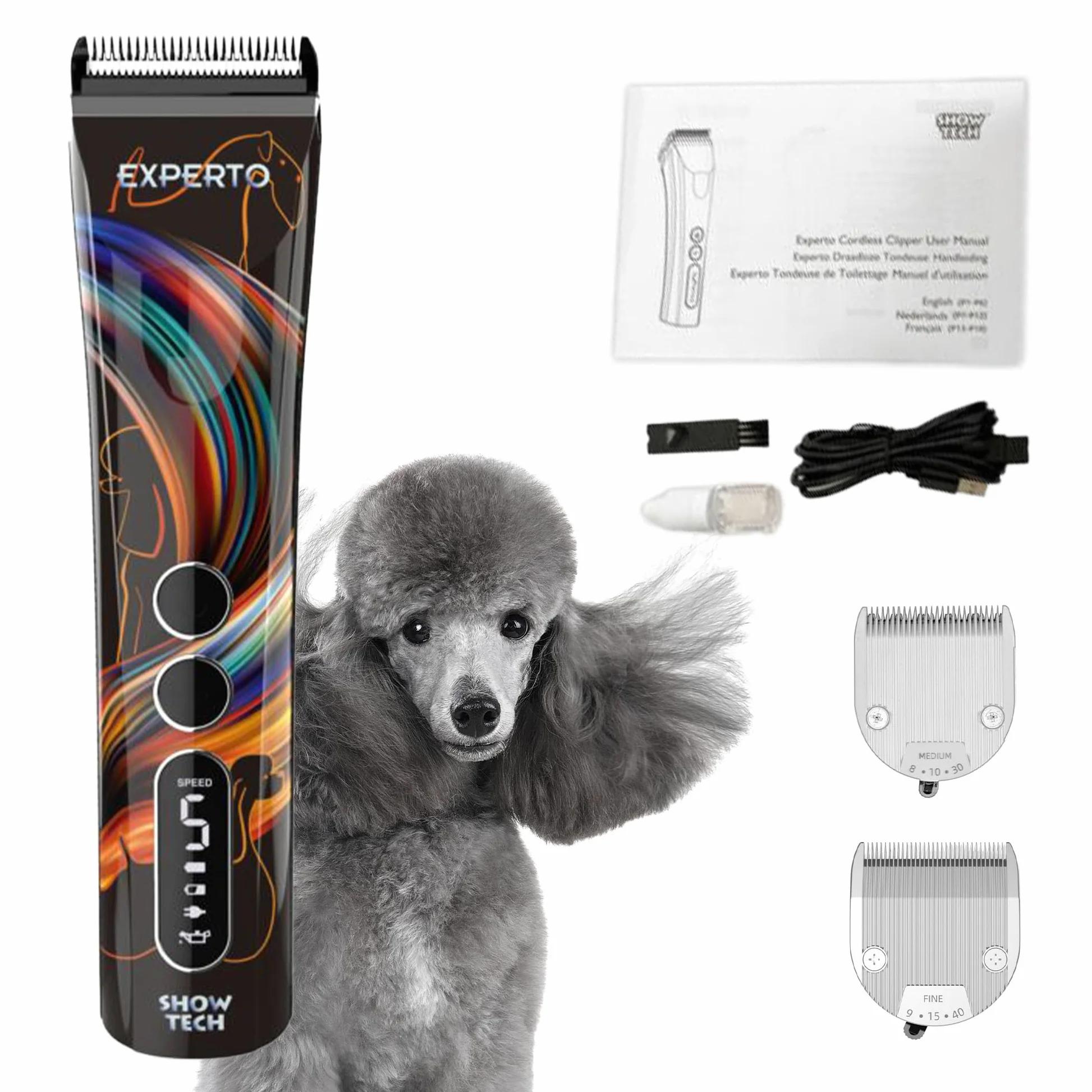 Show Tech Experto Tosatrice Professionale per Cani – Cordless con 5 Velocità (5000–7000 giri/min) – Lama in Ceramica con Rivestimento in Titanio – Display LCD, USB, Silenziosa – 0,25–2 mm