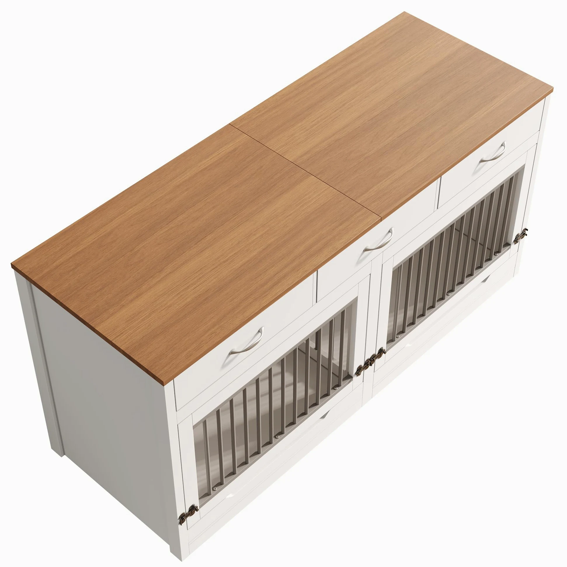 Gabbia per Cani in Legno e Metallo per 2 Cani 164x60x81 cm Cuccia Interna Coperchio Ribaltabile Divisorio Estraibile 3 Cassetti (Bianco + Effetto Legno)