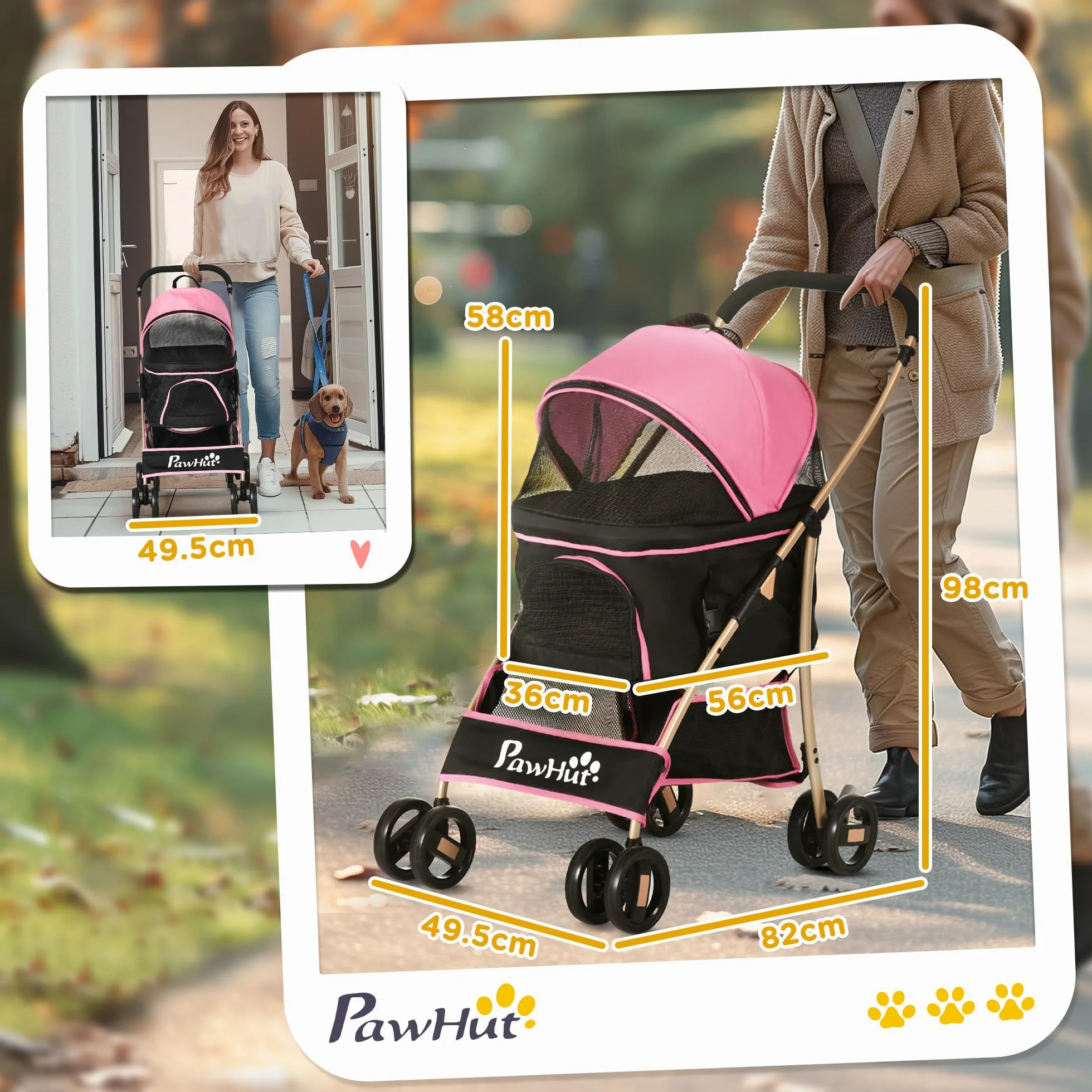 PawHut Passeggino per Cani 3 in 1 Pieghevole Convertibile in Borsa da Trasporto, Seggiolino Auto con 2 Guinzagli, Cuscino, Passeggino per Animali in Acciaio, Tessuto Oxford, 82x49.5x98cm, Rosa