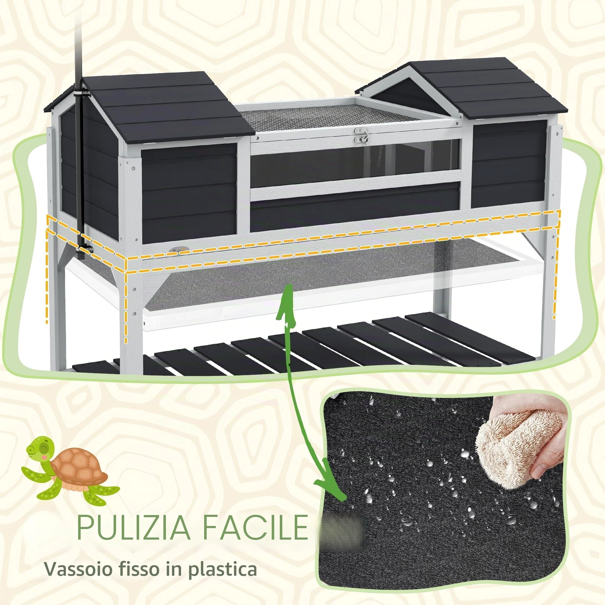 PawHut Casetta per tartarughe di terra da esterno, recinto in legno per tartarughe, 2 nicchie, portalampada regolabile, tetto apribile, gabbia per tartarughe di terra, finestra in acrilico