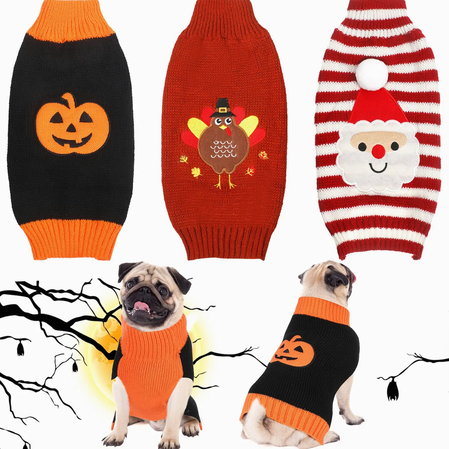 3 pezzi Halloween Ringraziamento Natale cane maglioni set zucca tacchino santa cucciolo cane vestiti maglia PET per cane gatto animale domestico costume (S)