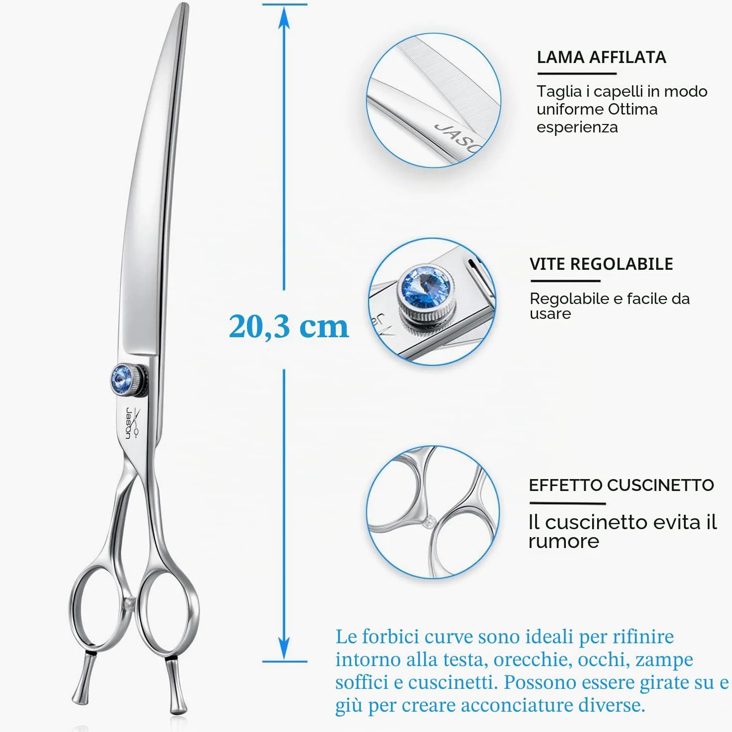 Jason forbici curve per cani da 8 pollici ergonomiche per cani e gatti con manico offset e vite gioiello per destrimani lunghe e affilate comode e leggere