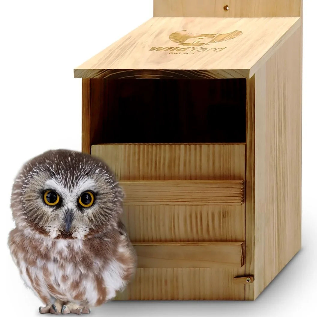 WildYard Casetta per gufi, in legno di cedro, già assemblata, facile da appendere e pulire, include trucioli di legno e viti