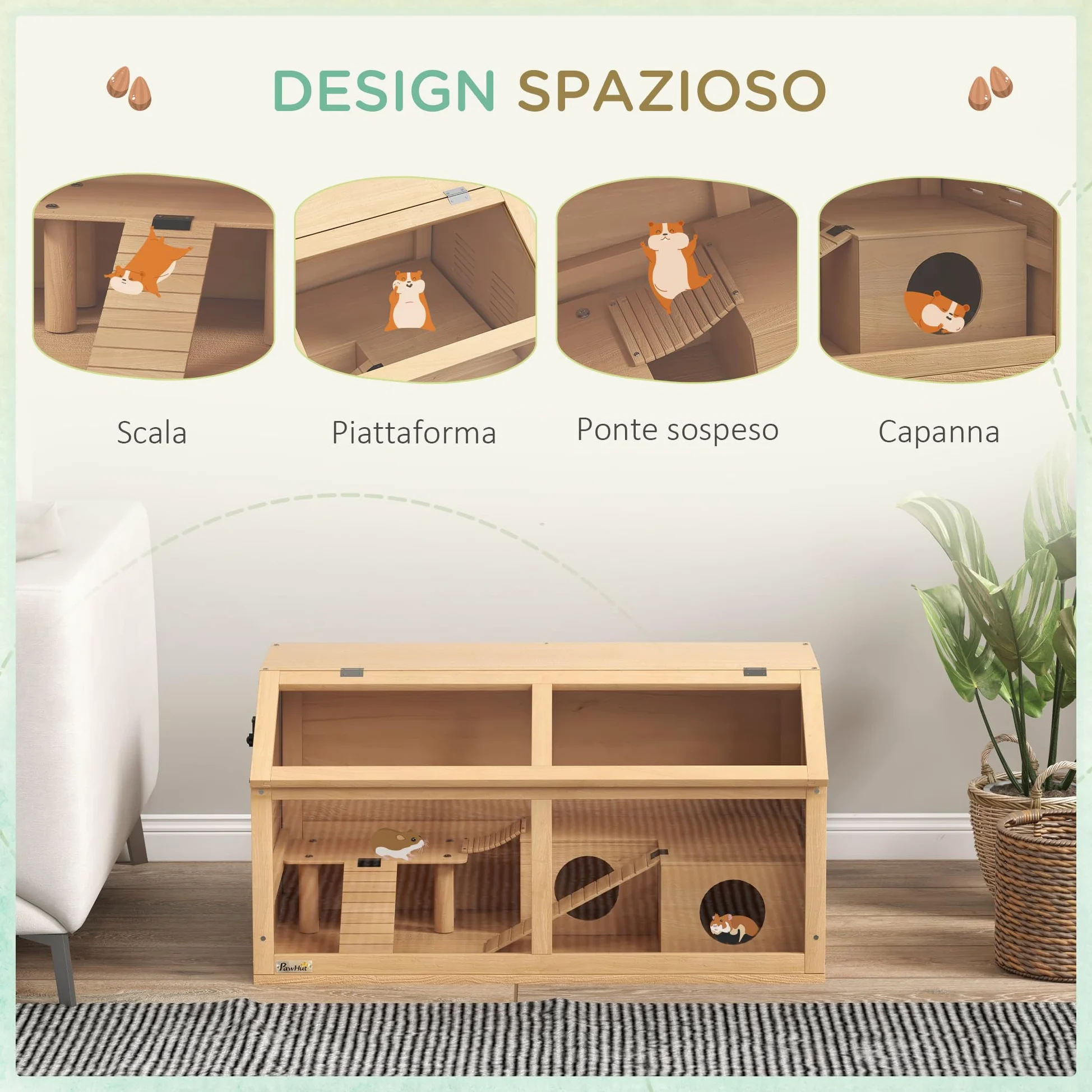 PawHut Gabbia per Criceti Apribile con Piattaforma, Scalette, Capanna e Ponte, Gabbia per Roditori in Legno di Abete, 85x45x44 cm, color Legno