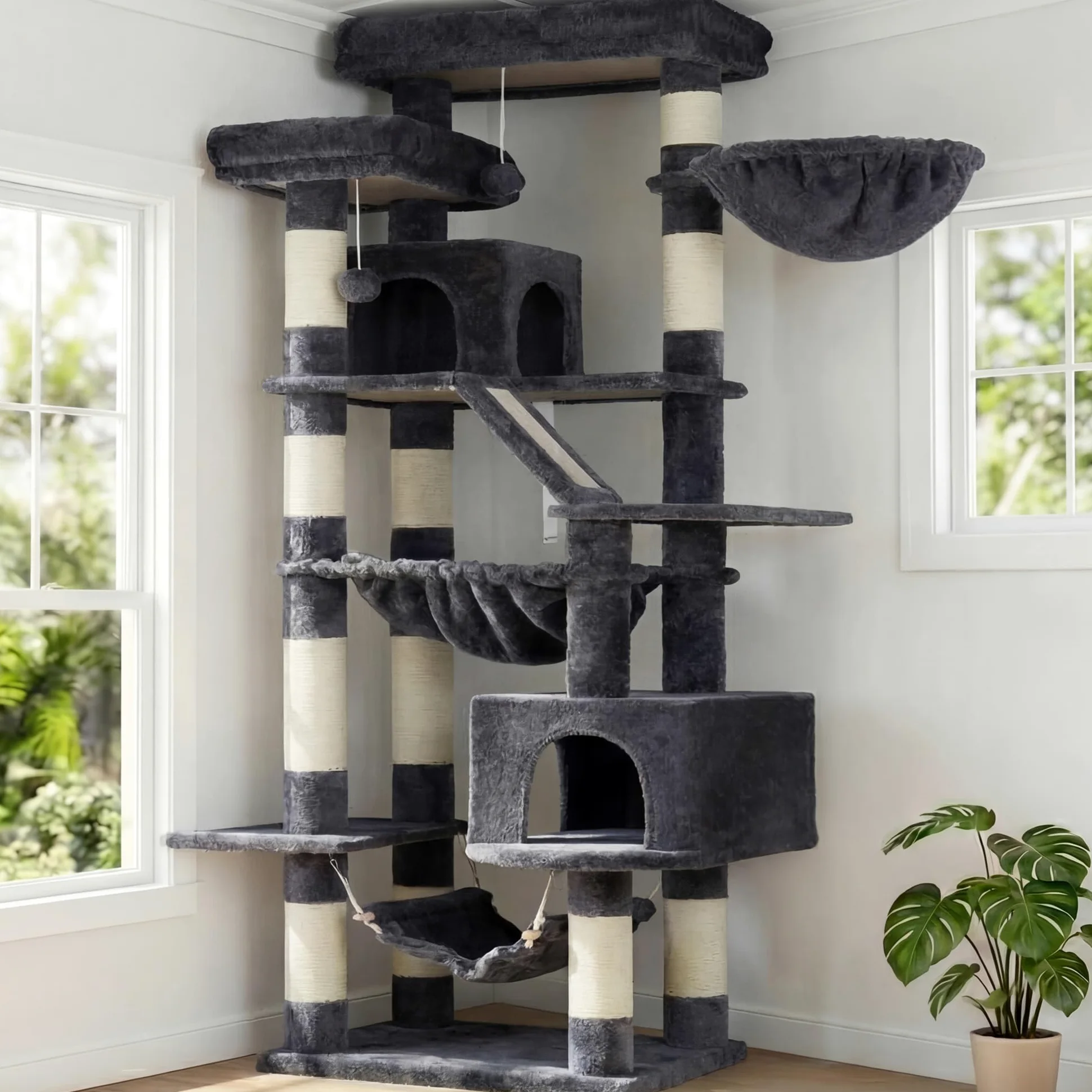 Heybly Albero Per Gatti, Torre 180 cm, 2 Piattaforme, 2 Capanne, 2 Amache, Pannello Per Sgualabocche. Grande Mobile Per Gatti Con Spazio Dormire, Grigio Fumo HCT034G