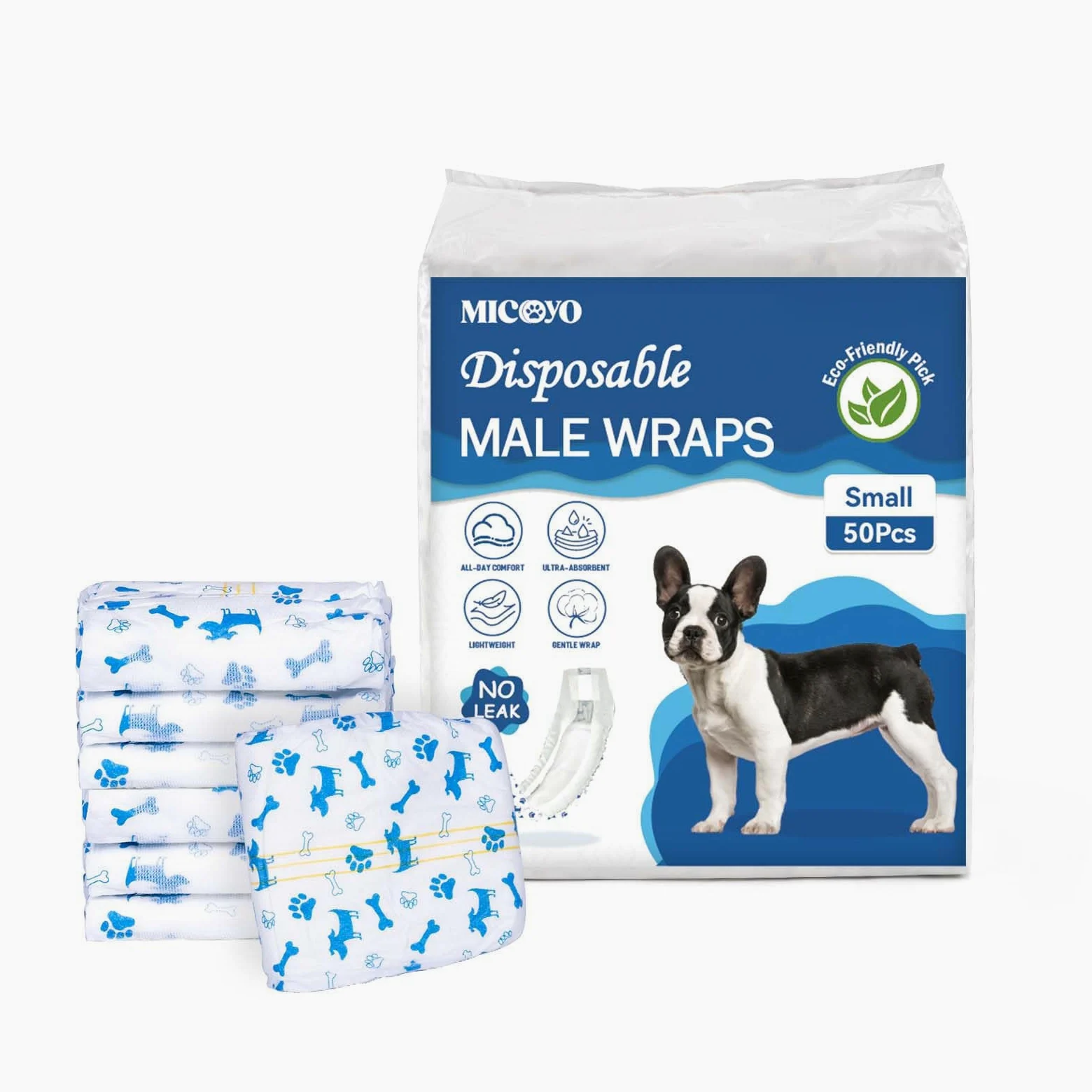 MICOOYO Pannolini usa e getta per cani maschi, mutandine super assorbenti per cani maschi, pannolini per cani con indicatore di umidità (S, confezione da 50)