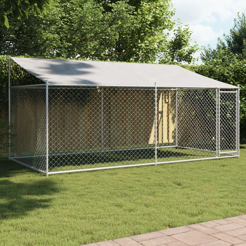 Gabbia Cane, Box per Cani da Esterno con Tetto e Porta Grigia 4x2x2 m in Acciaio Zincato