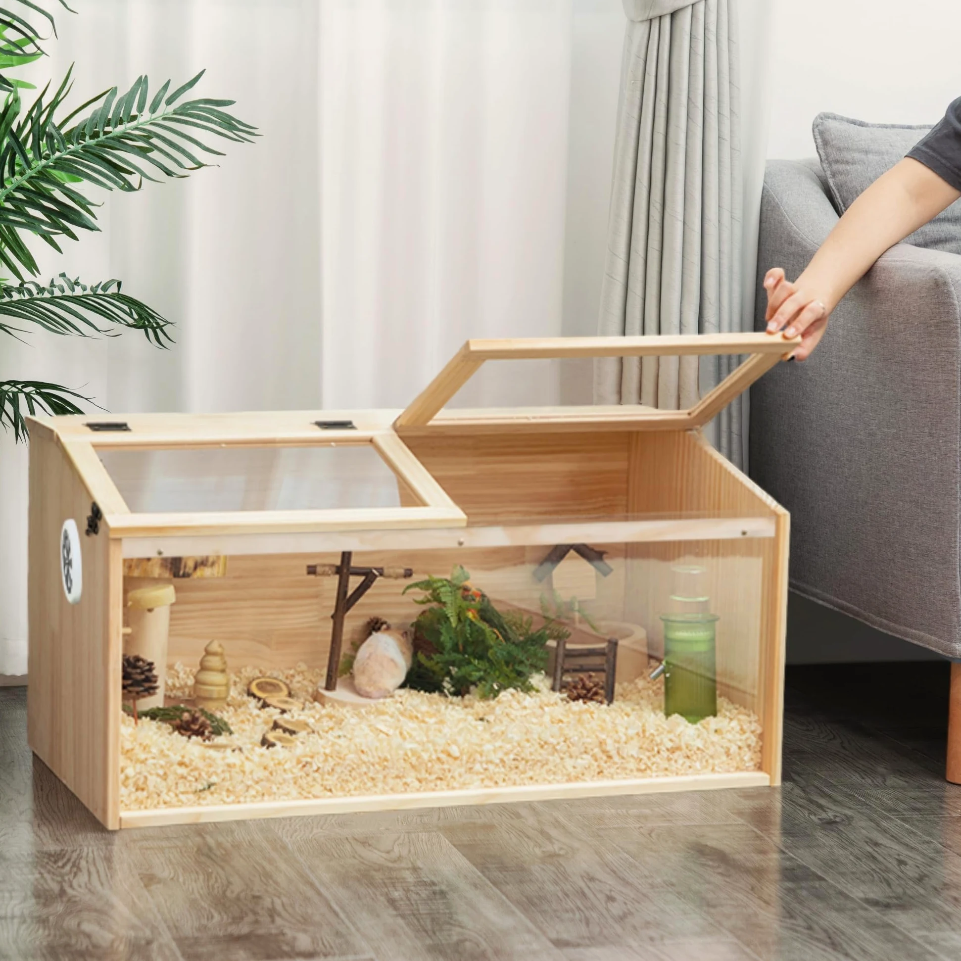 Gabbia per piccoli animali con coperchio pieghevole, recinto per interni in legno, con finestra in acrilico per la vista, adatta per porcellini d'India, criceti, tartarughe, 80 x 40,5 x 40 cm