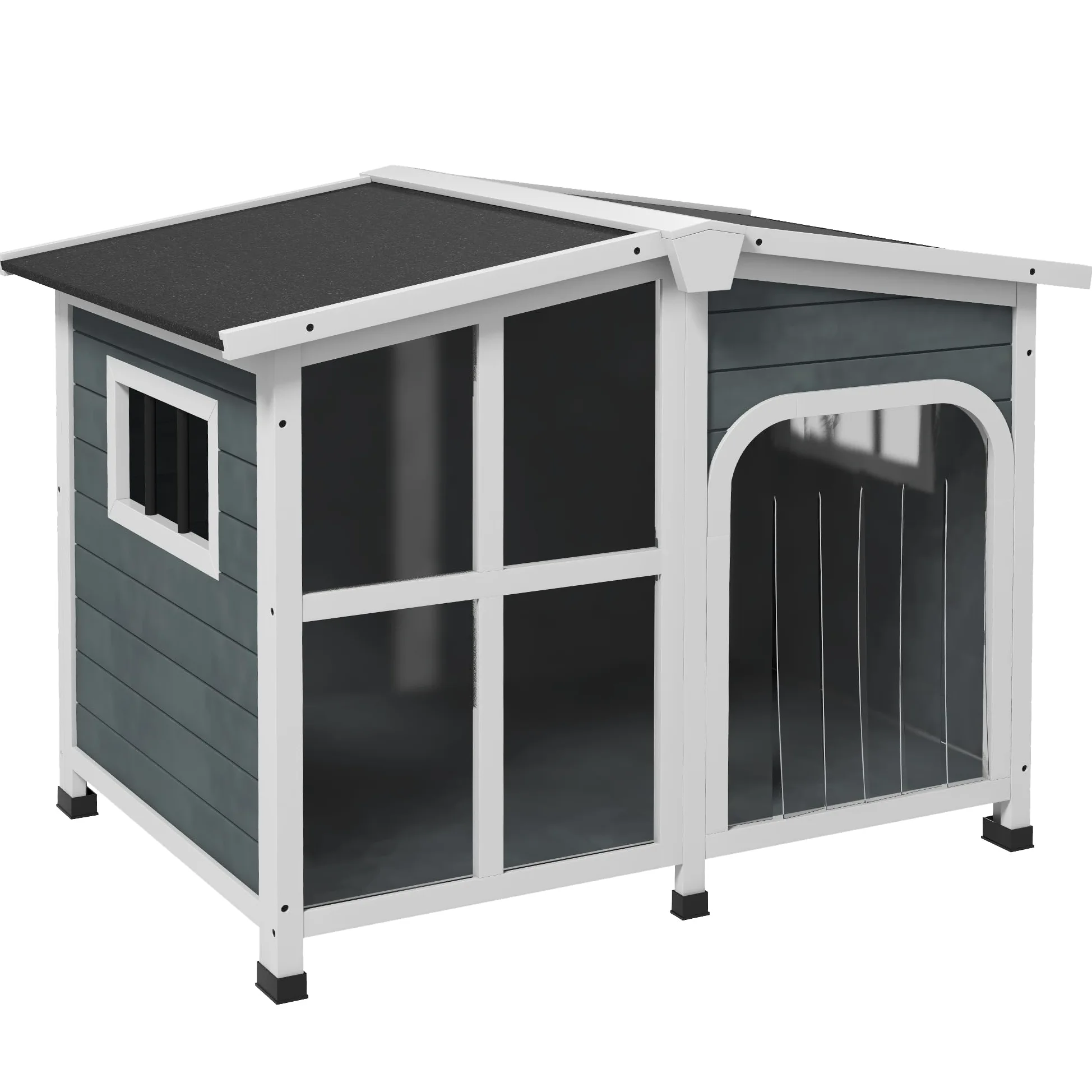 PawHut Cuccia per Cani da Esterno in Legno, Casetta per Cani con Tenda Protettiva, Finestra e Tetto Apribile, Cani Taglia Media max. 20 kg, 101x66.5x70.5cm, Grigio Scuro