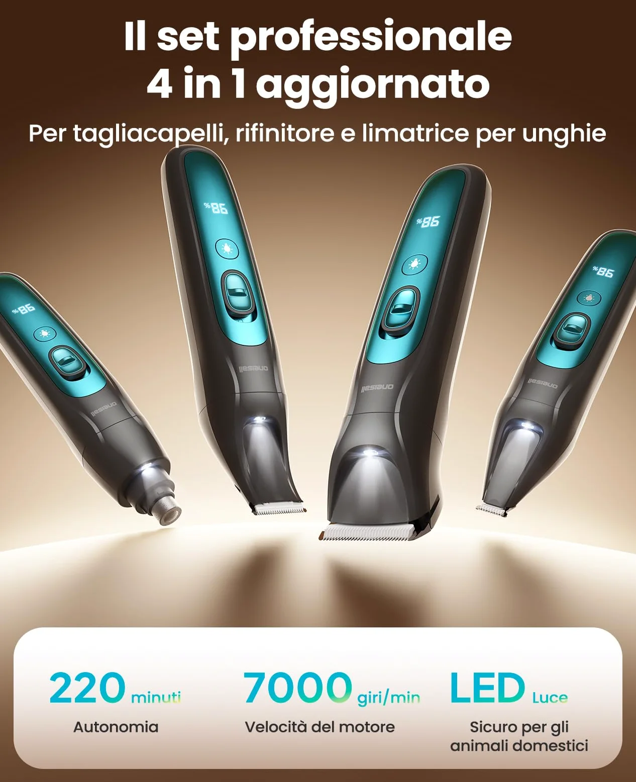 oneisall 4 in 1 Tosatrice per Cane Gatto con Luce LED, 2025 Nuova Versione Cura Peli Animali per Rasoio Cani & Zampe & Smerigliatrice Artiglio, 2000mAh Ricaricabile Rasoio per Cani (Blau, 4-in-1)