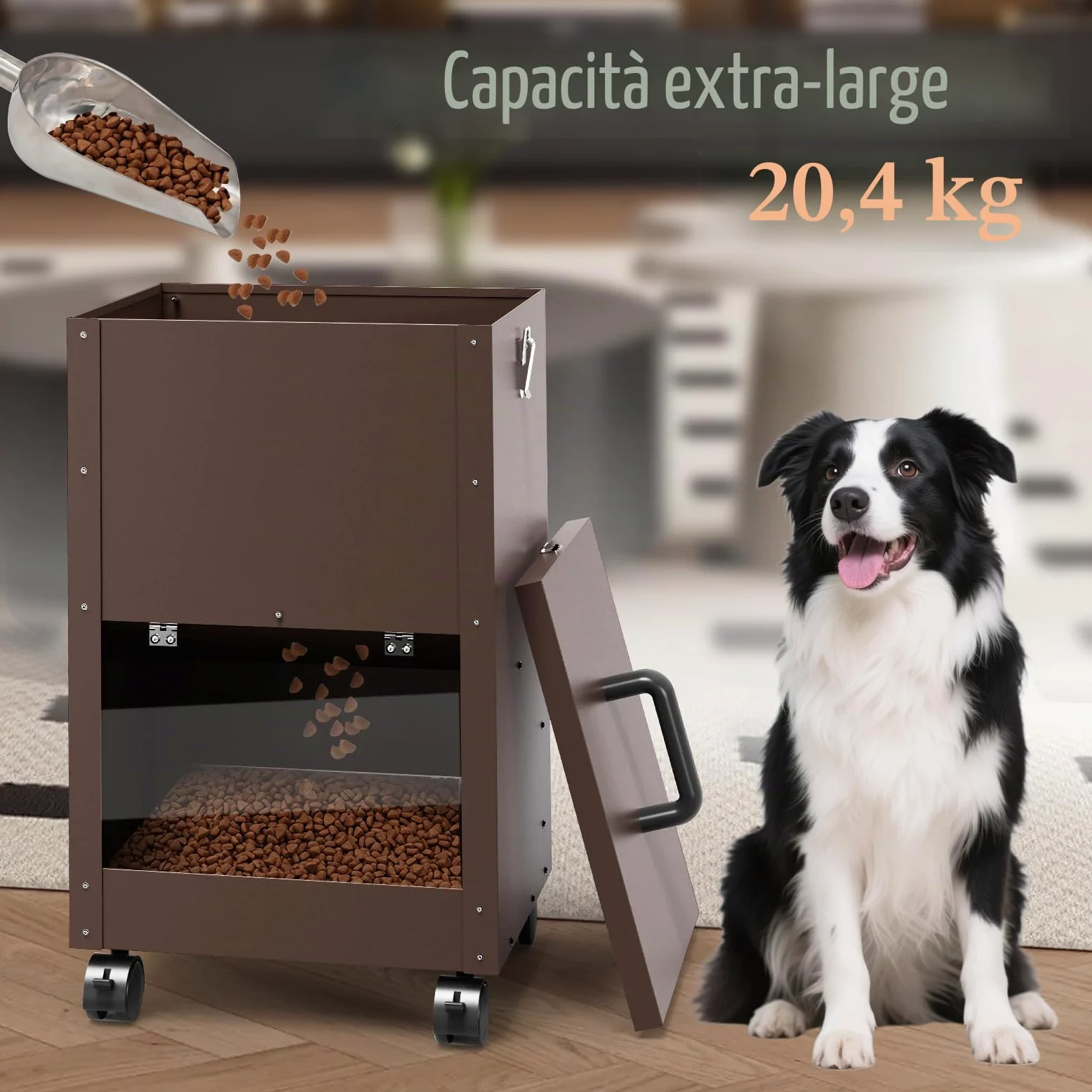 Alimentatore Automatico Per Cani Galvanizzato Per Razze Di Grandi Dimensioni, Distributore Di Cibo Per Cani Da 40L Con Ruote Per Grandi, Alimentatore A Gravità Per Cibo Per Metallico Brun