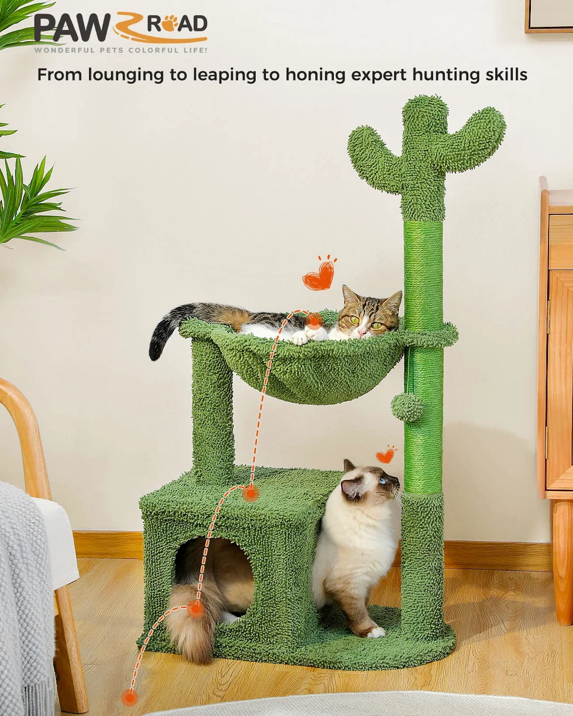 PAWZ Road Albero tiragraffi a forma di cactus per gatti interni, tiragraffi per gatti, torre da gioco per gatti con amaca, 102 cm, AY401-AMT0195GN