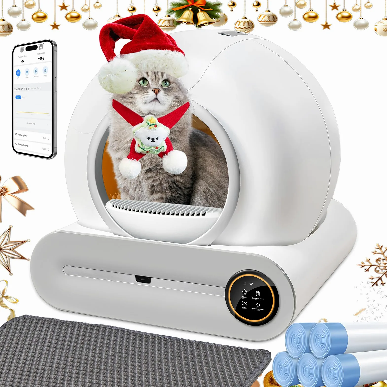 Lettiere Autopulenti Gatti 65L + 9 L con 5 Sacchi Spazzatura e Tappetini Lettiera Gatti, Controllo APP, Deodorante Ionico Lettiera Autopulente per Gatto (A)
