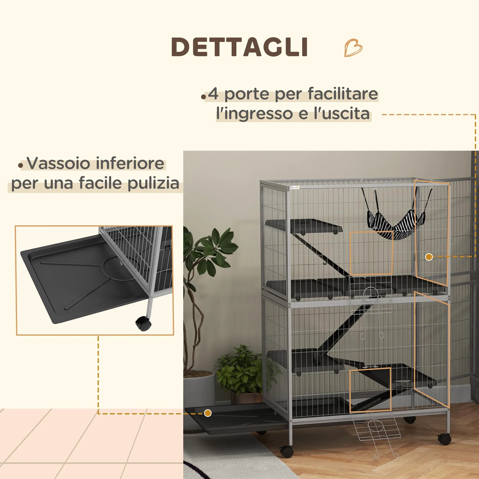 PawHut Gabbia per Animali Piccoli con 4 Ingressi a Livelli Multipli con Amaca, Gabbietta per Roditori, Furetti, Cincillà in Metallo e PP, 80x52x128 cm, Argento e Grigio