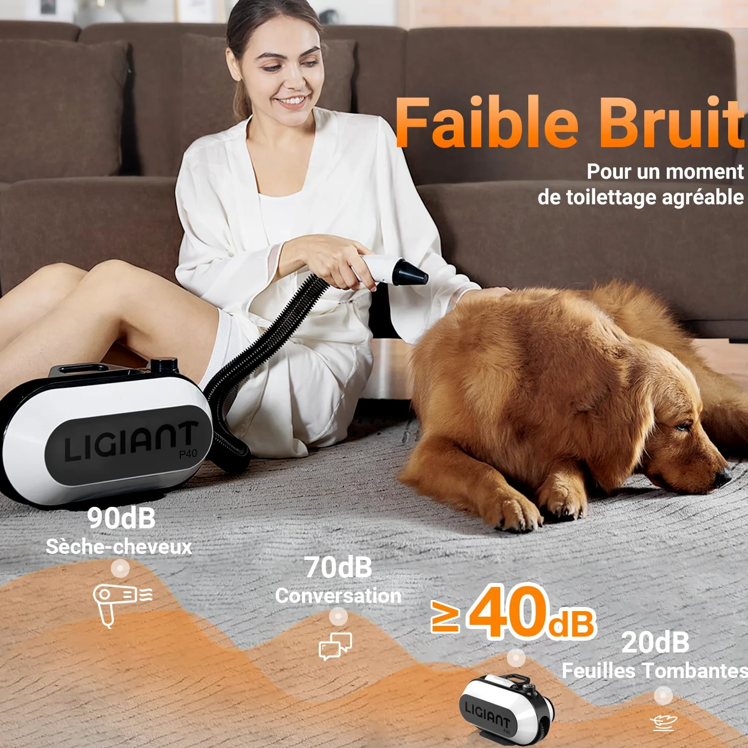 LIGIANT P40 Asciugacapelli per Cani Blower, Ultra Silenzioso (40 Db modalità Gatto), 3 Bocchette in 1, velocità & Temperatura Regolabili, Tecnologia a Ioni Negativi, Compatto e per Cani e Gatti