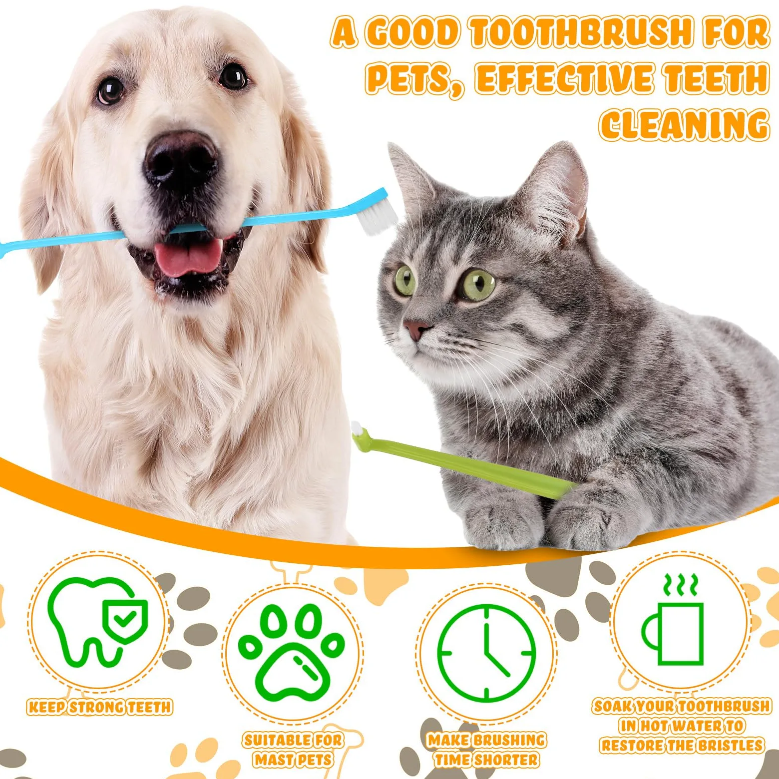 Nuogo Spazzolino da denti a doppia testa per cani, gatti, kit per la cura dentale degli animali domestici, con manico lungo, per la pulizia dell'igiene orale, 4 colori, 80 pezzi