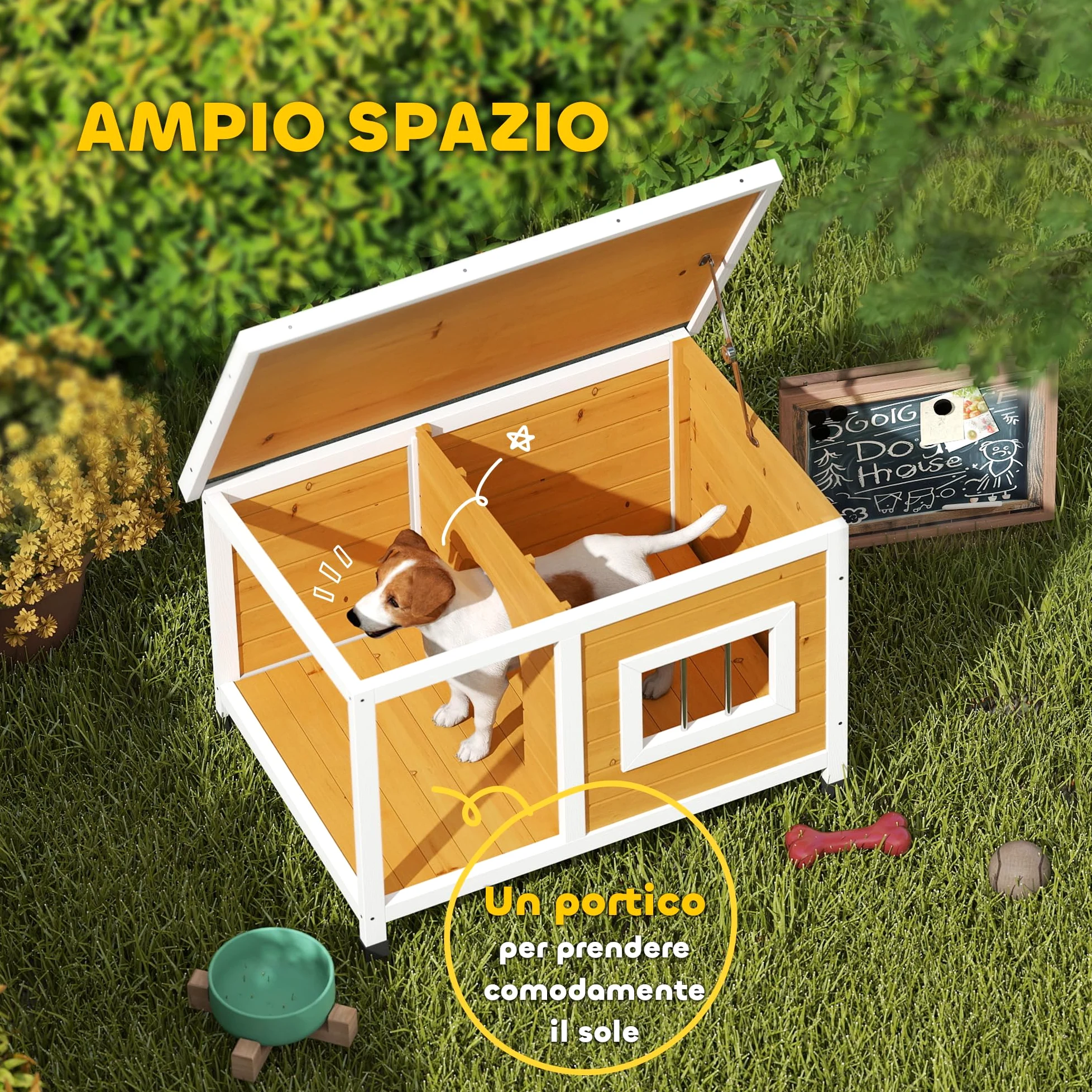 PawHut Cuccia per Cani da Esterno Rialzata con Veranda Coperta e Tetto Inclinabile, Cuccia da Esterno per Cane in Legno di Abete, 85.5x62x60 cm, Multicolore