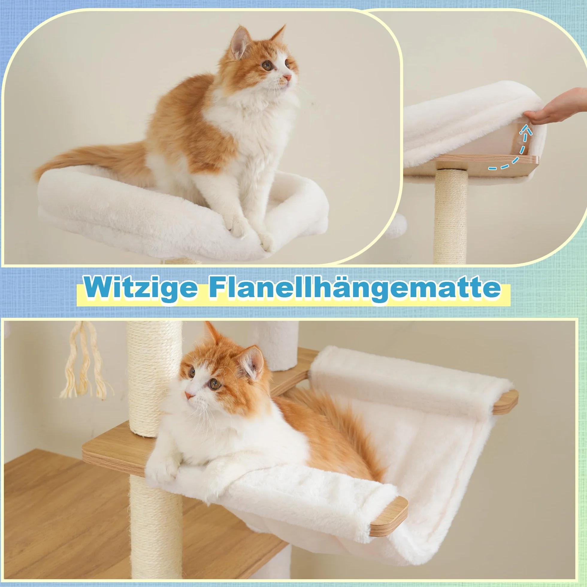 Hey-brother Albero per Gatti in Legno Moderno, Tiragraffi per Gatti 184 cm, Multinivello Stabile con Piattaforme Grandi, Amaca, Nido Spazioso, Pettine per Mantello e Scala, Bianco Rovere MPJ121BT