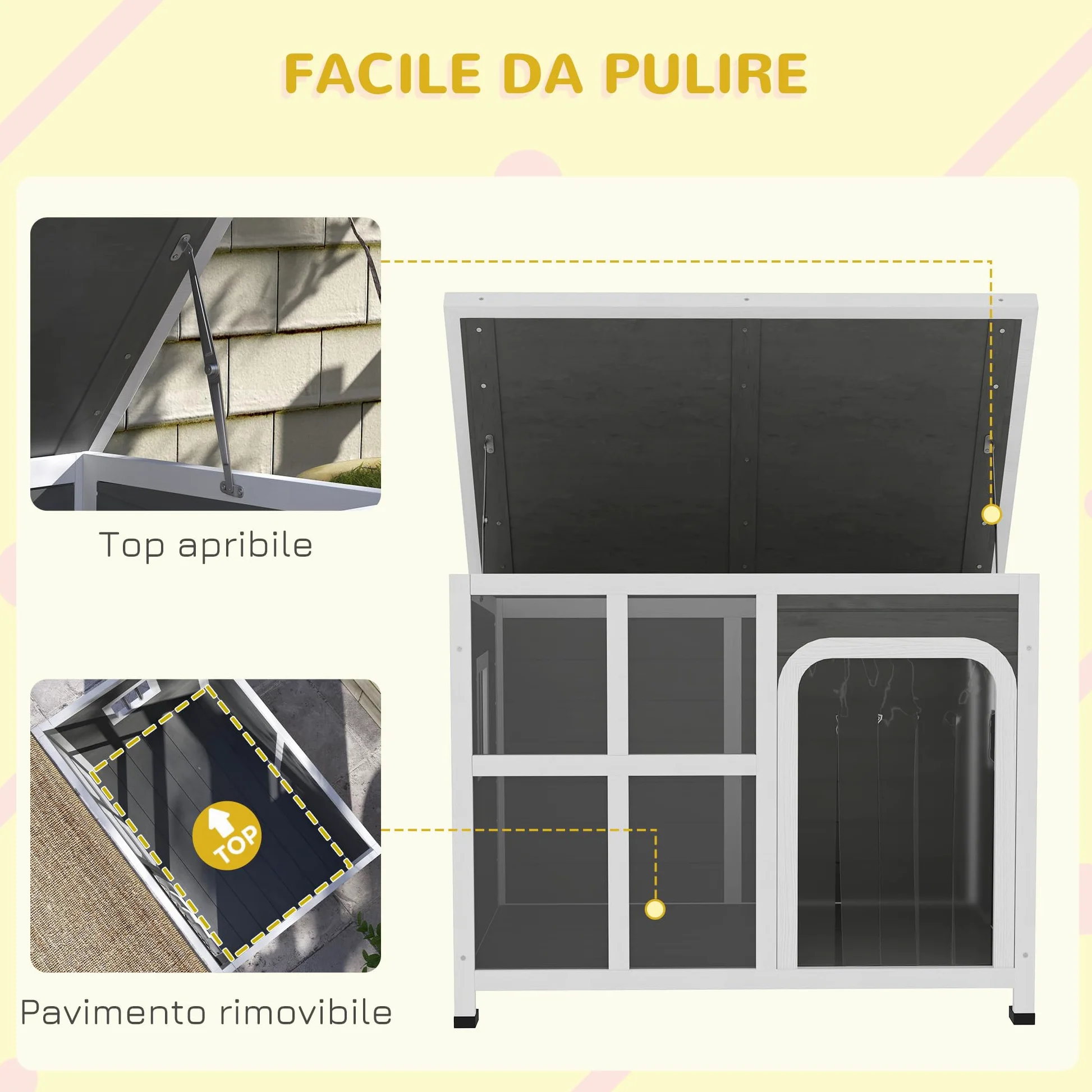 PawHut Casetta per Cani Taglia Piccola e Media con Finestrelle Laterali e Tendina da Ingresso, Cuccia per Cane da Esterno con Base Estraibile e Tettuccio Apribile, 90x62x71 cm, Grigio Chiaro