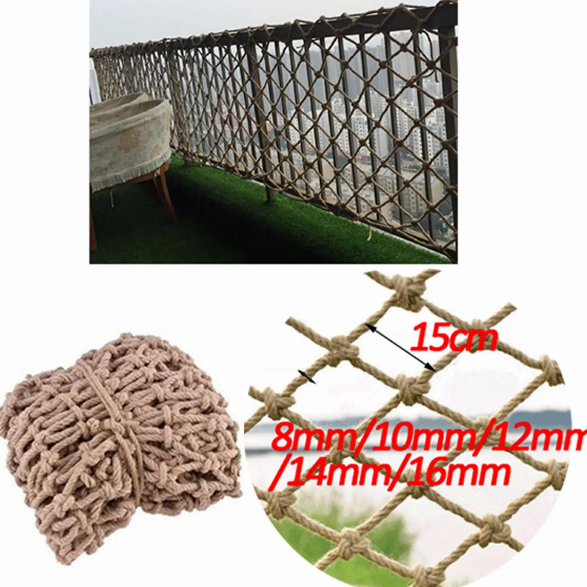 Rete di sicurezza per bambini, resistente, anti-caduta, con filo di iuta naturale, 15 cm